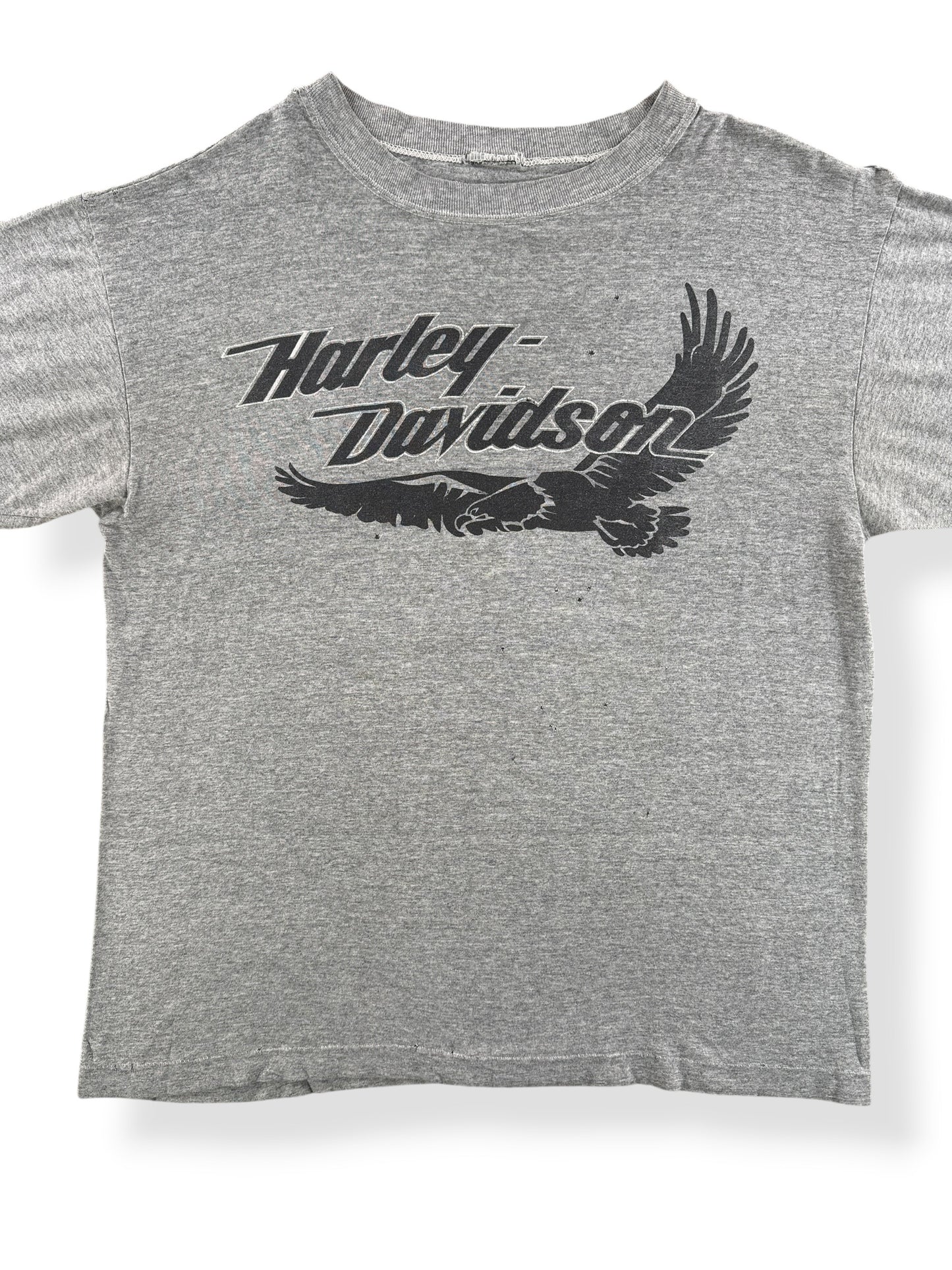Front Close Up of Vintage Heather Grey Harley Davidson Single Stitch Eagle Tee SZ L