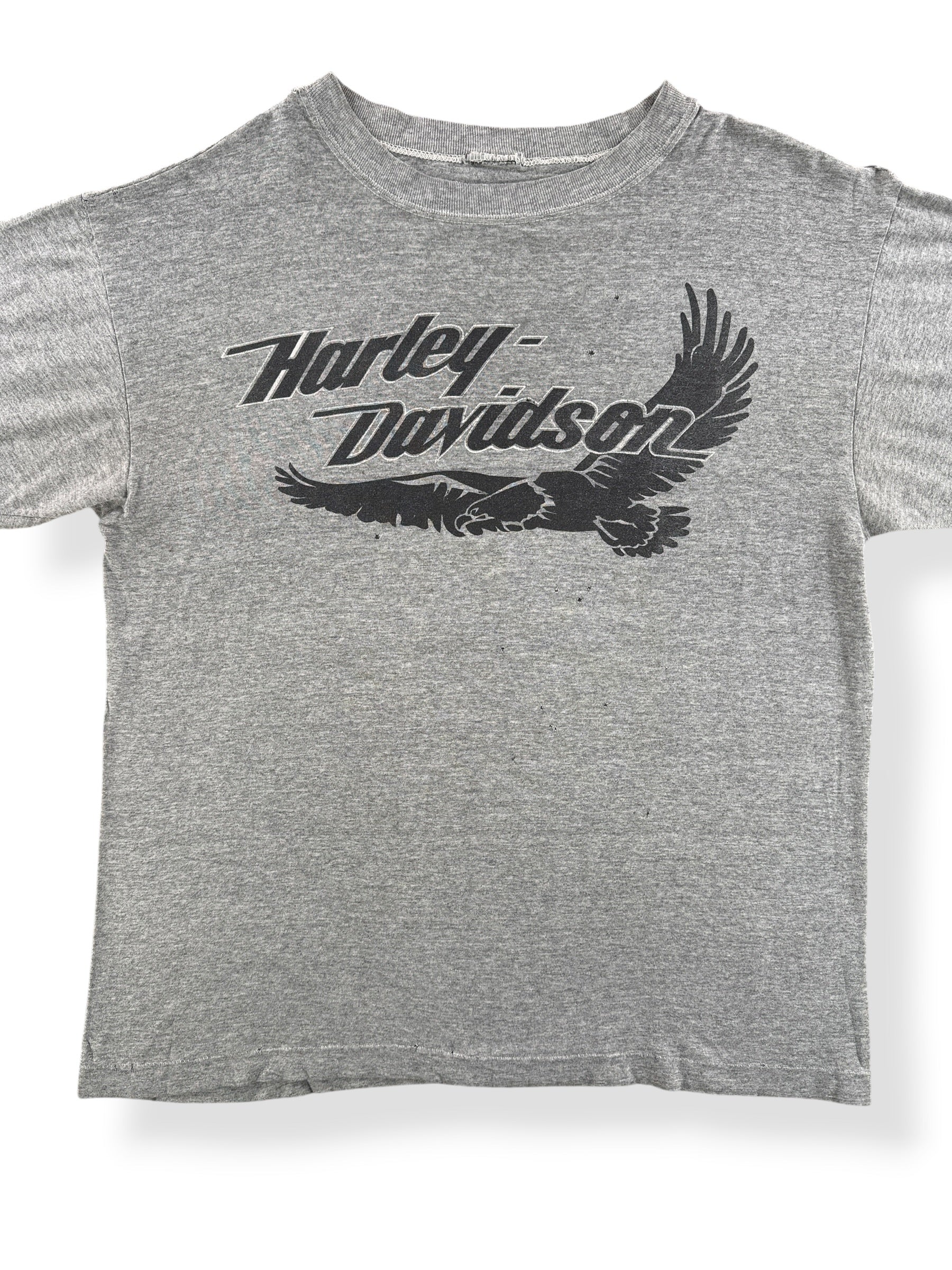 Front Close Up of Vintage Heather Grey Harley Davidson Single Stitch Eagle Tee SZ L
