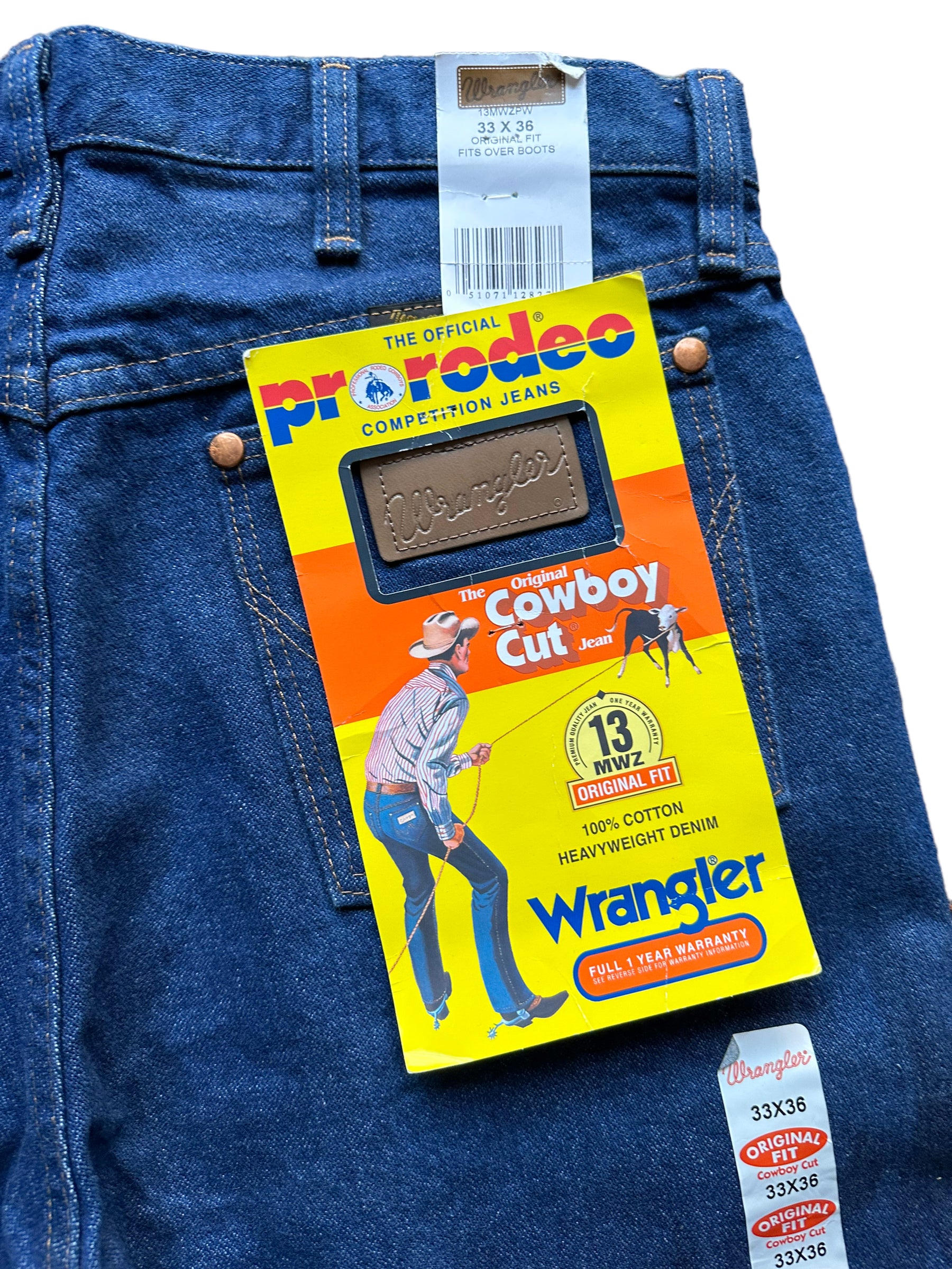 Right back pocket view of Vintage 90s Deadstock Wrangler Cowboy Cut Denim 33x36 | Seattle Vintage Jeans | Barn Owl Vintage