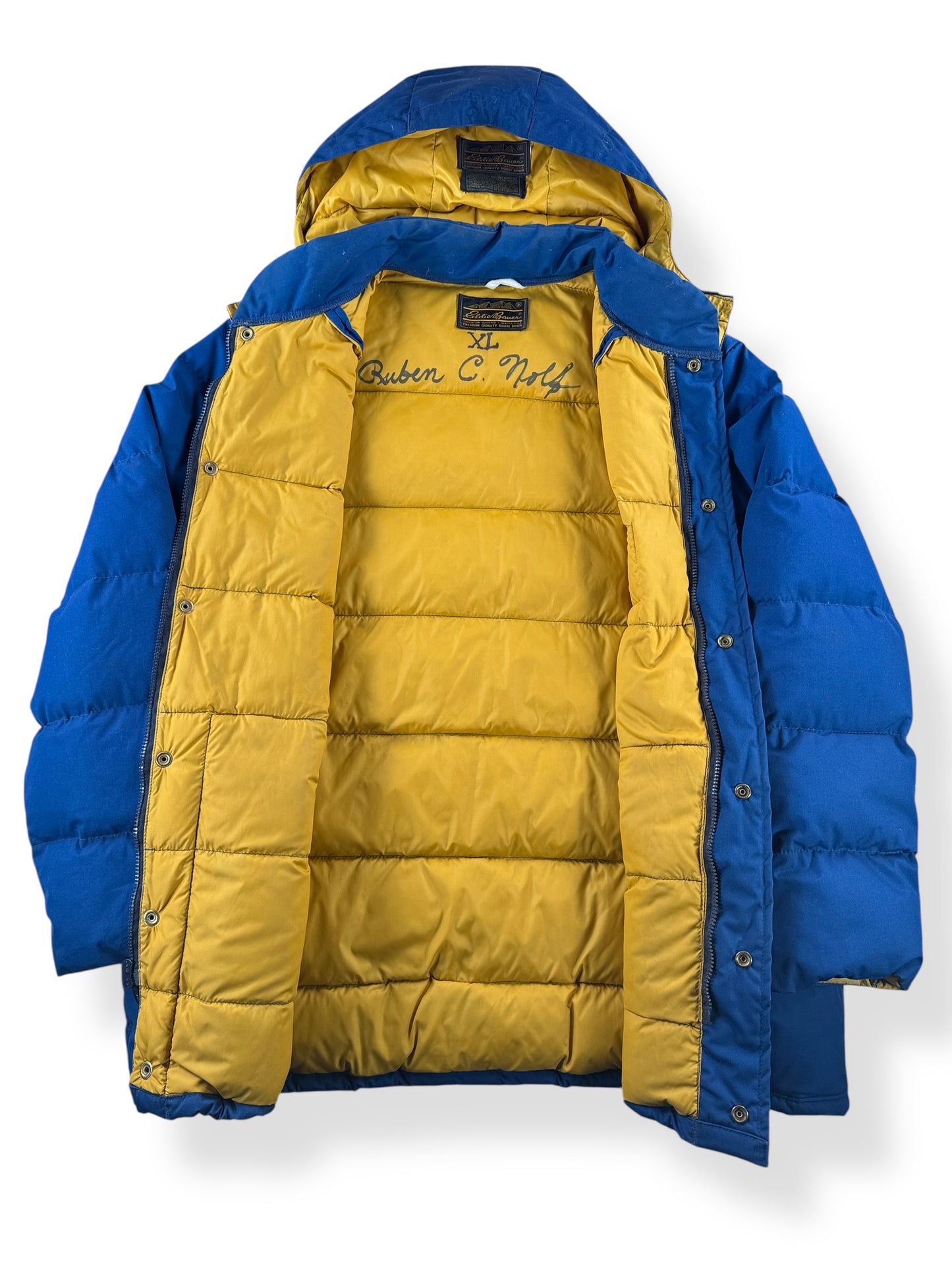 Inside of Vintage Eddie Bauer Blue Down Parka SZ XL