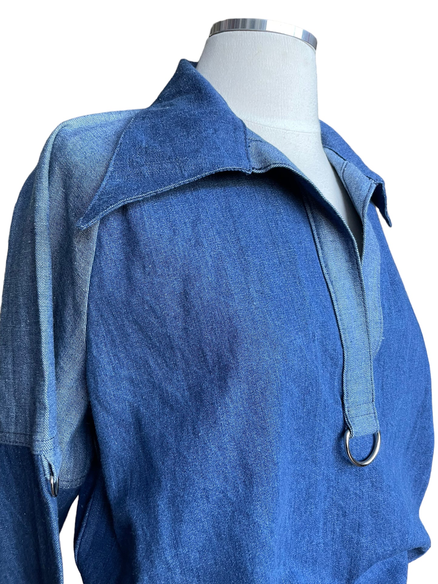 Front right shoulder view of Vintage 1970s Pacific Play Togs Denim Pull Over | Vintage Shirts & Tops | Barn Owl Vintage Seattle