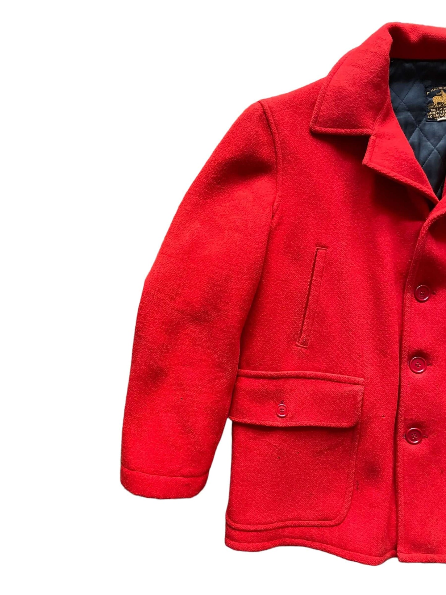 Front right side view of 1940s J.O. Ballard & CO Red Wool Hunting Jacket