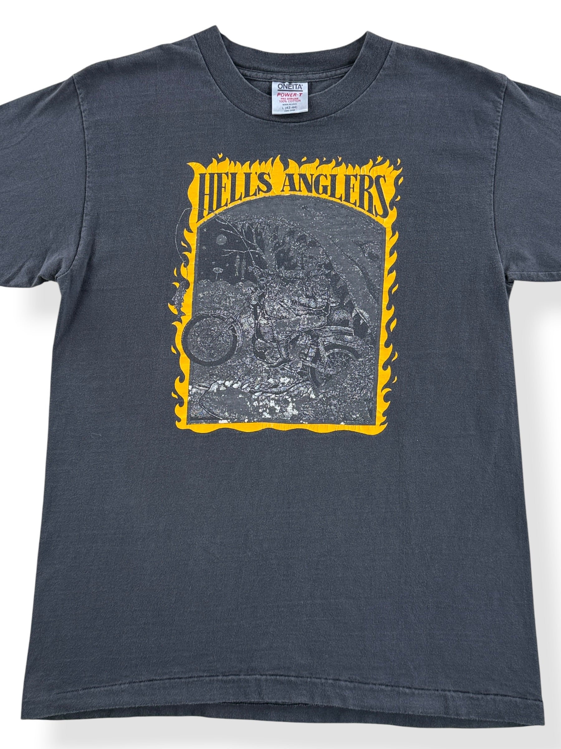 Front Close Up of Vintage Hell's Anglers Ray Troll Tee SZ L (Fits M)