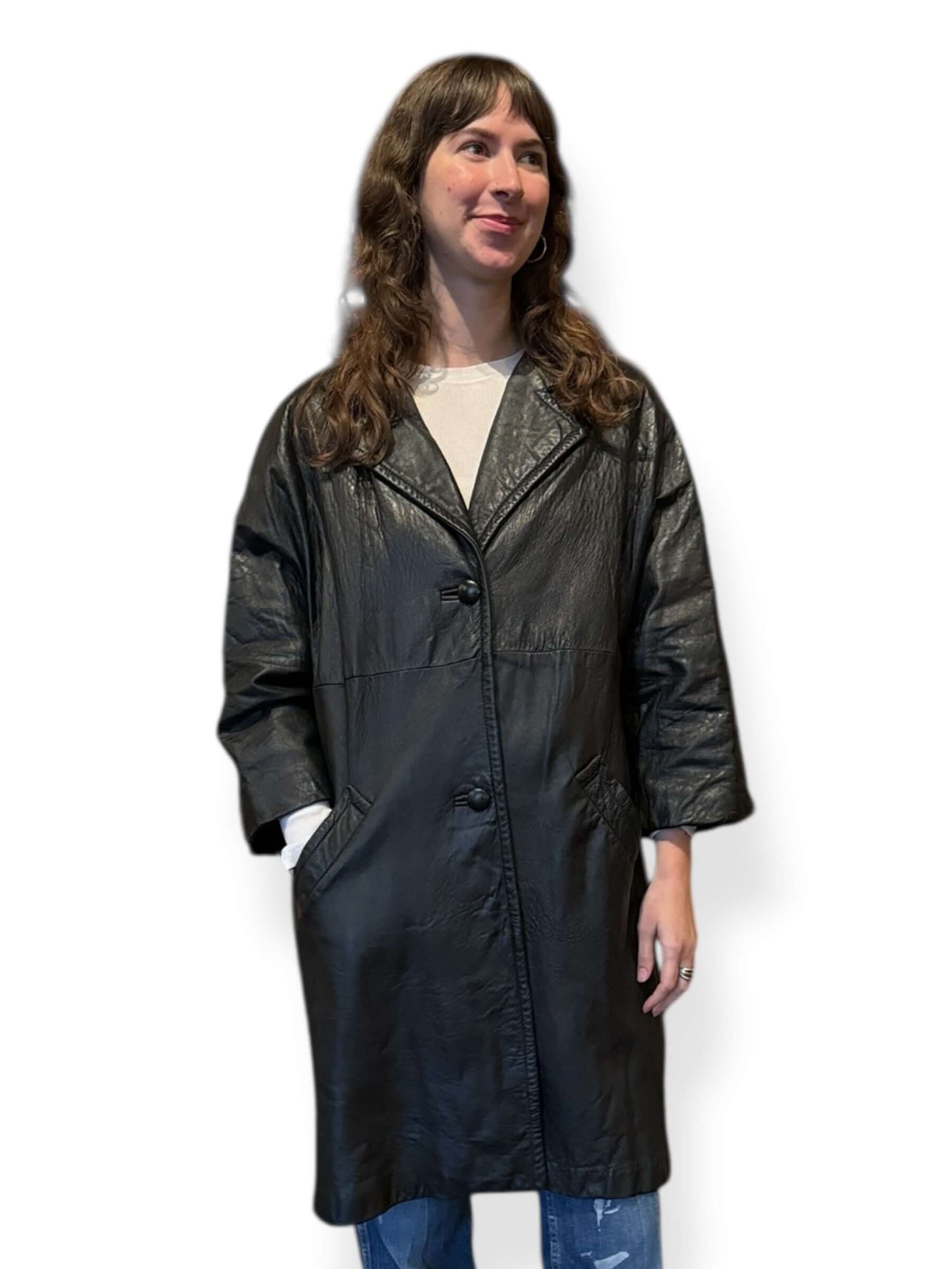 Front of Vintage 60s Black Leather Coat SZ M