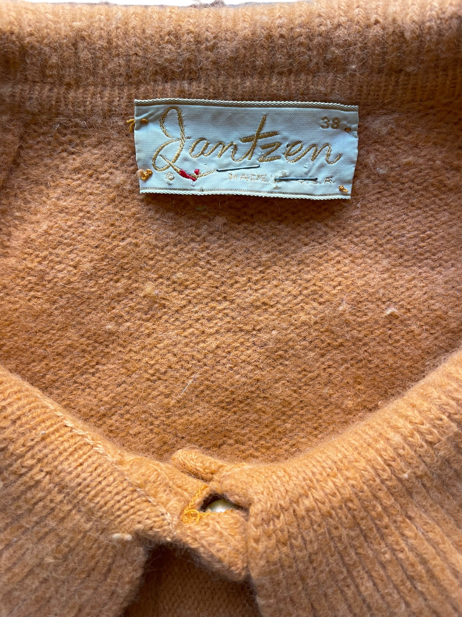 Tag view of Vintage 1950s Jantzen Gold Cardigan | Seattle True Vintage | Barn Owl Ladies Clothing