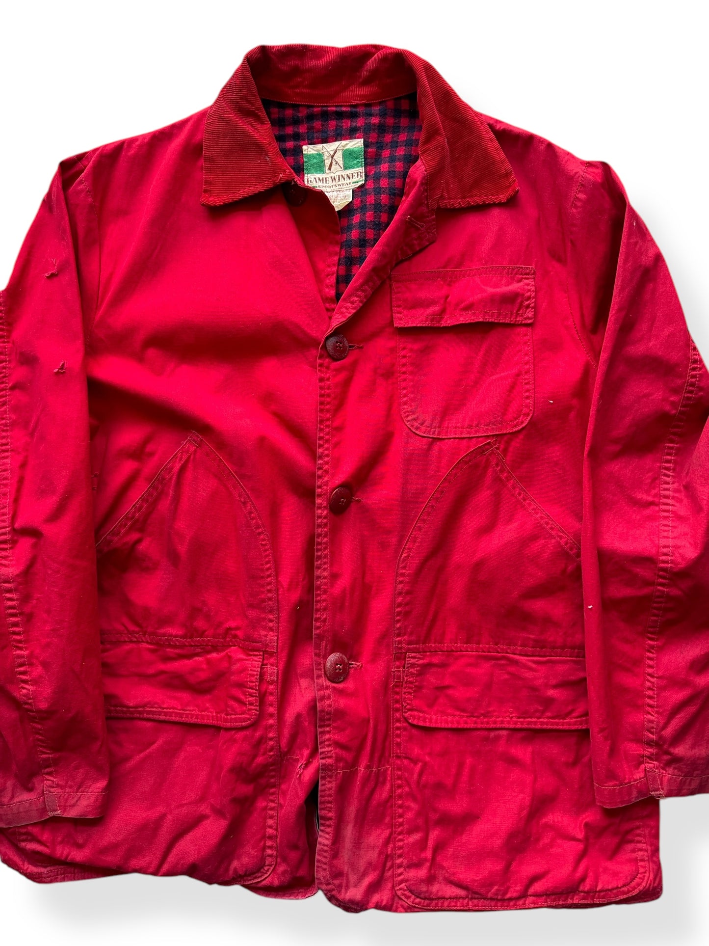 Front Close Up of Vintage Game Winner Red Hunting Coat SZ M