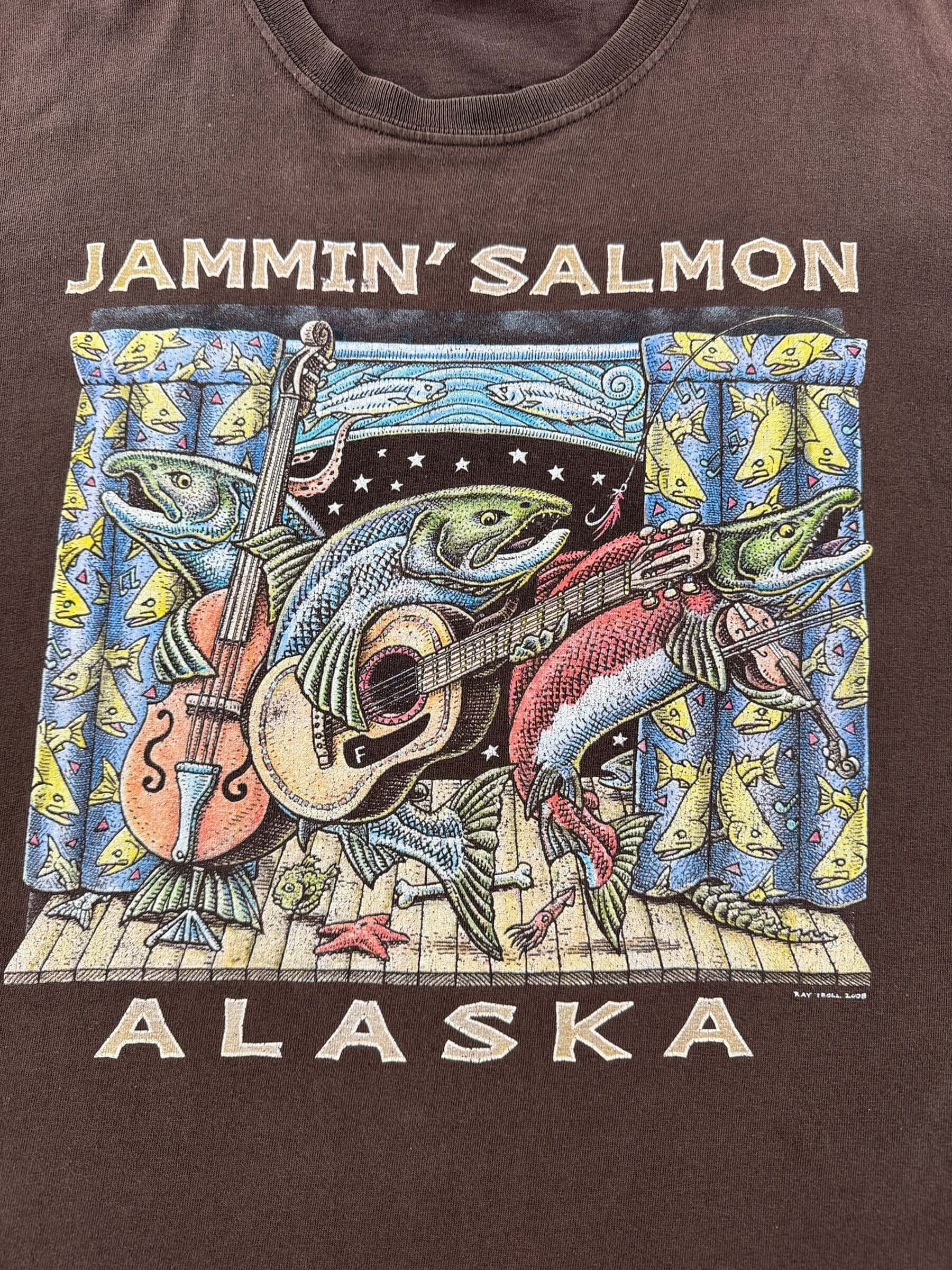Graphic of Vintage Ray Troll Jammin Salmon Alaska Tee SZ XXL