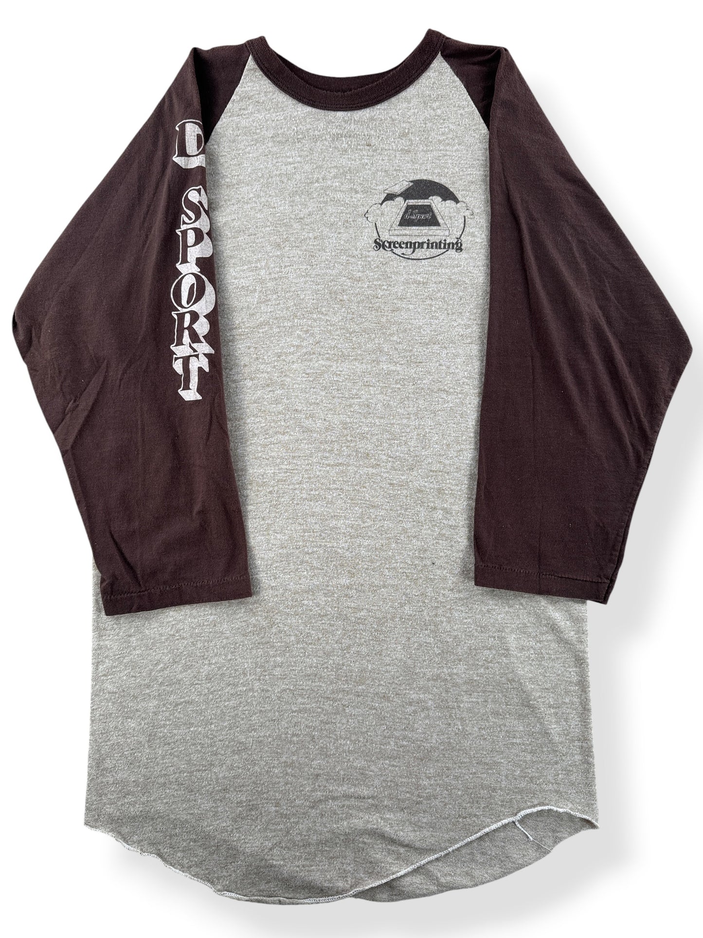 Close-up of Vintage 70s Screenprinting Raglan Tee SZ L (Fits S)