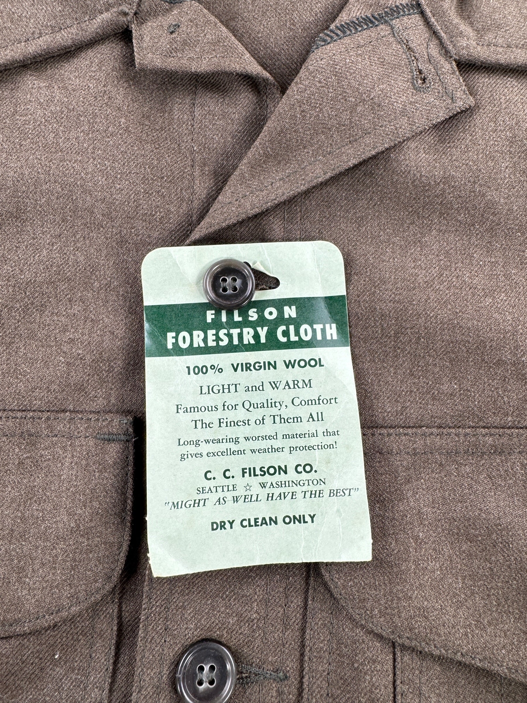 Flasher Tag on Vintage NOS Filson Forestry Cloth Wool Jacket SZ 44