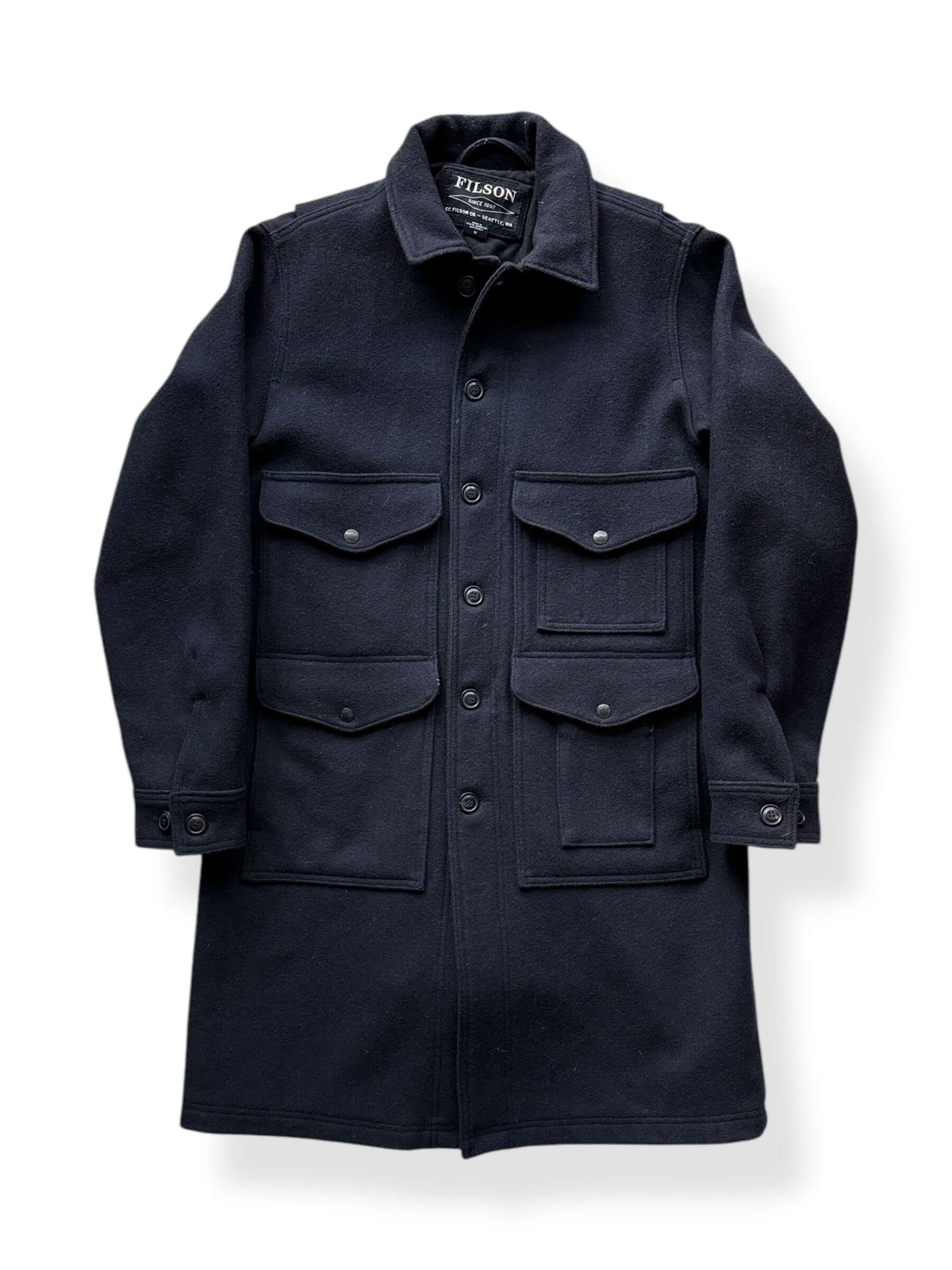 Front of Filson Navy Long Mackinaw Wool Cruiser SZ M