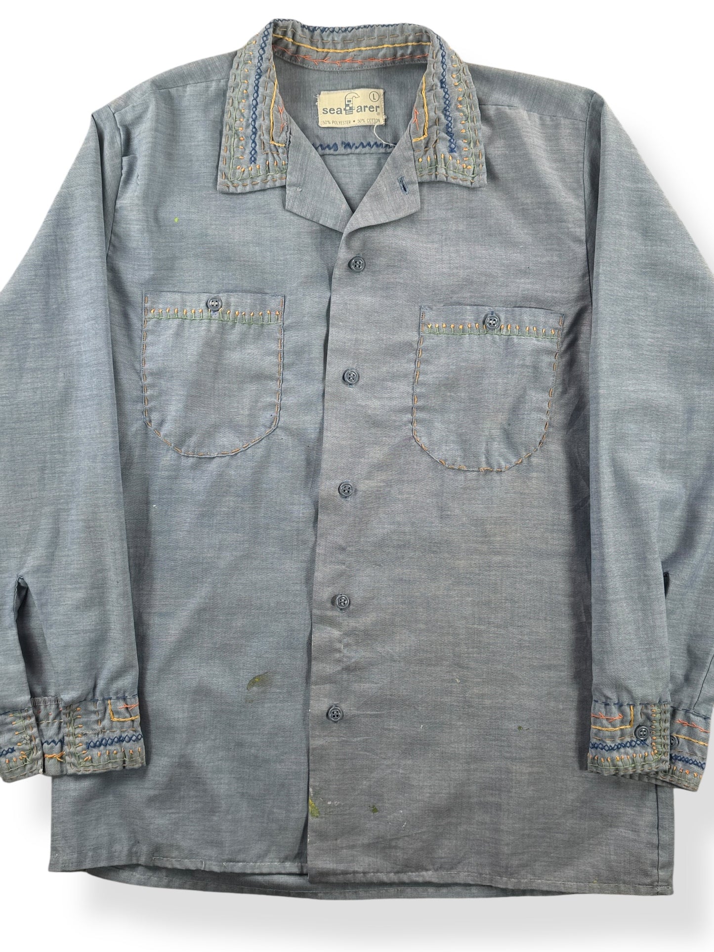 Front Close Up of Vintage Hand Embroidered Seafarer Embroidered Chambray SZ L (Fits M)