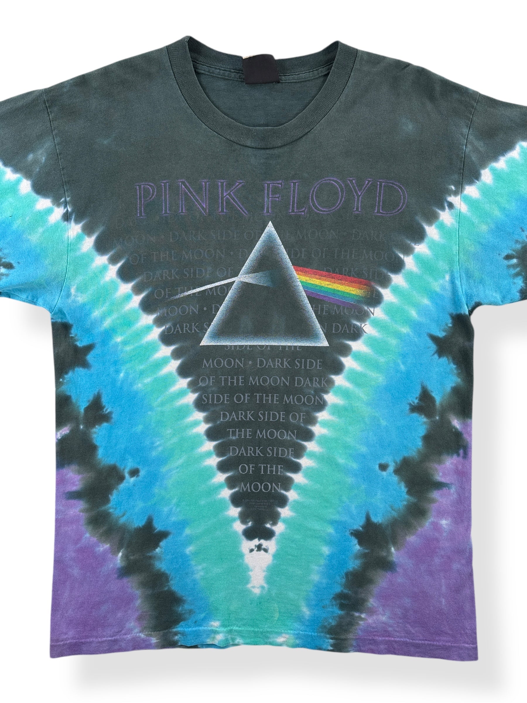 Front Close Up of Vintage Liquid Blue Pink Floyd Tie Dye Tee SZ M