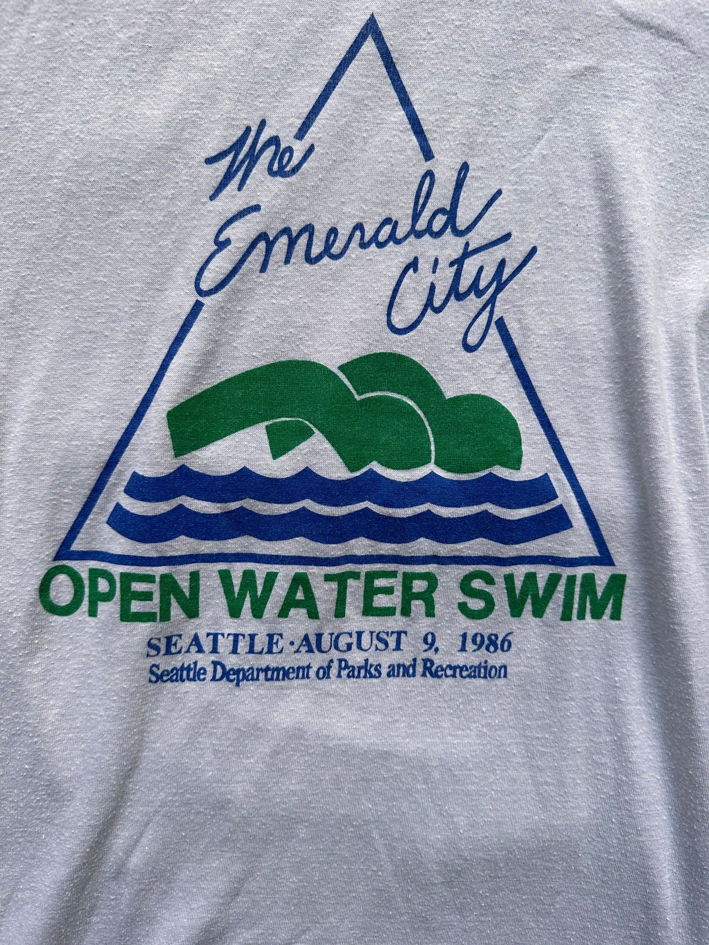 Close Up of Front Graphic of Vintage Emerald City Open Water Swim Tee SZ M | Barn Owl Vintage Tees | Vintage Graphic Tees Seattle
