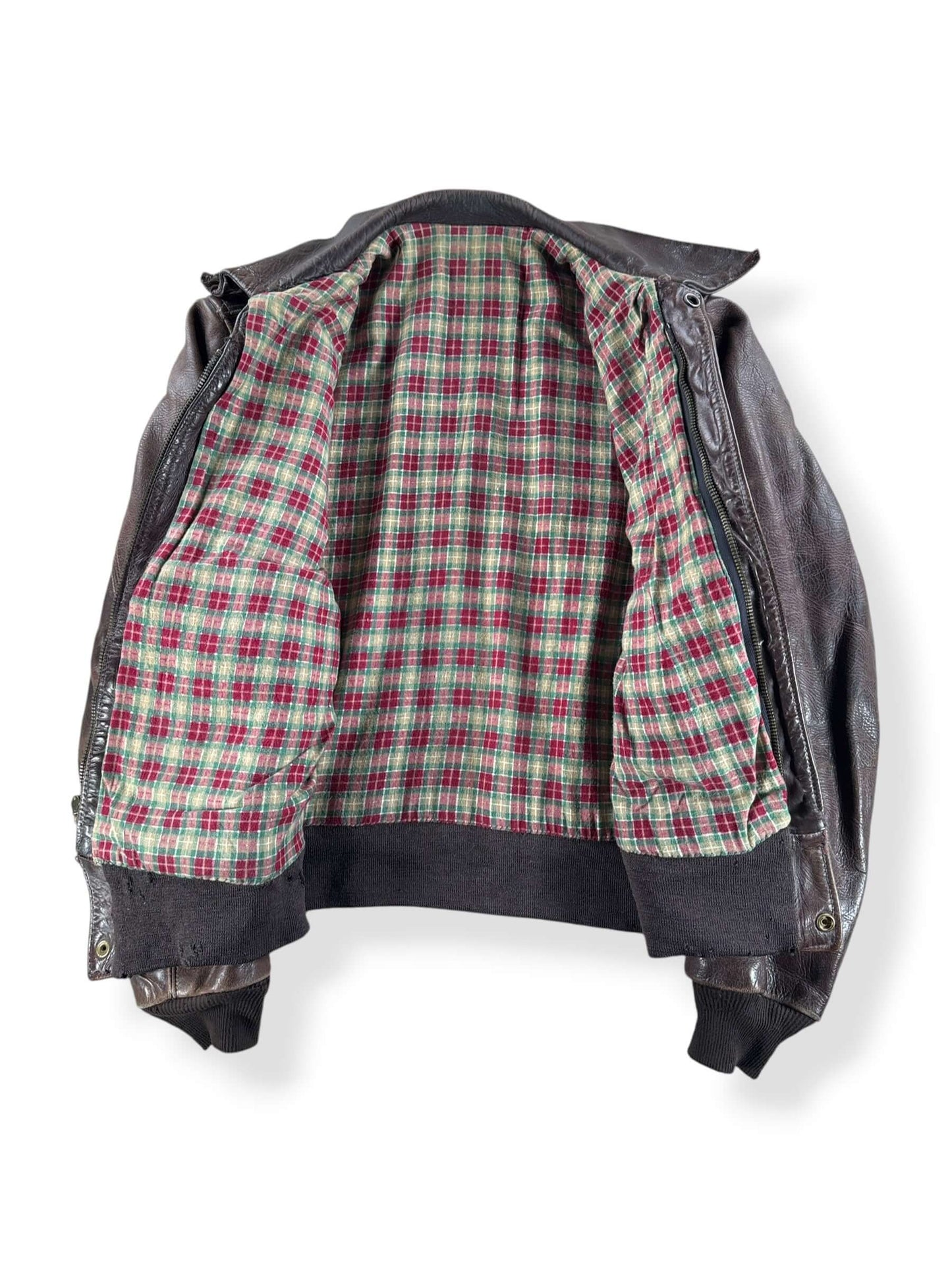 Inside of Vintage Flannel Lined A-2 Style Leather Jacket SZ M