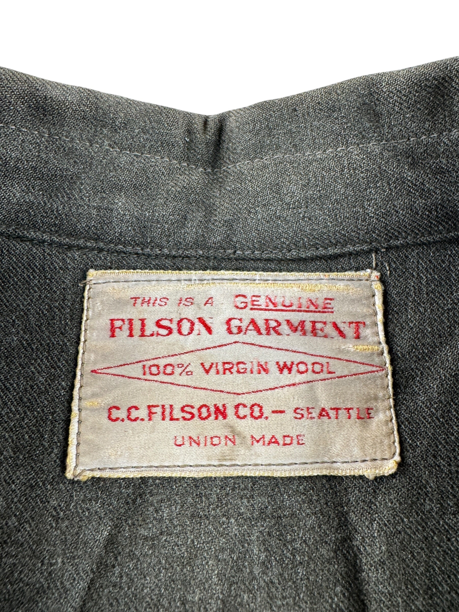 Label on Vintage 40s/50s Filson Wool Mackinaw Cruiser SZ 44
