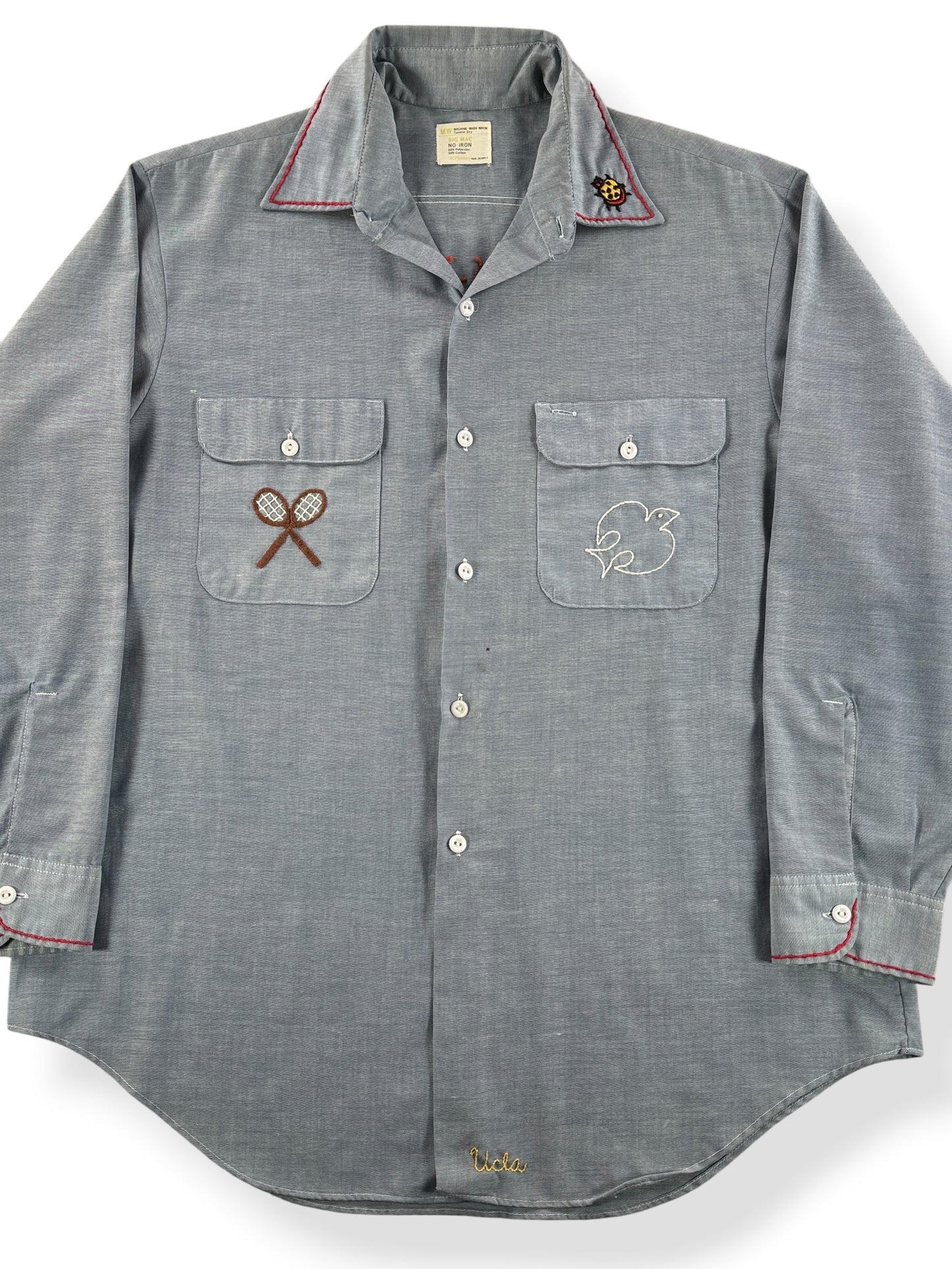 Front Close Up of Vintage Hippie Embroidered Big Mac 50/50 Chambray Shirt SZ XL