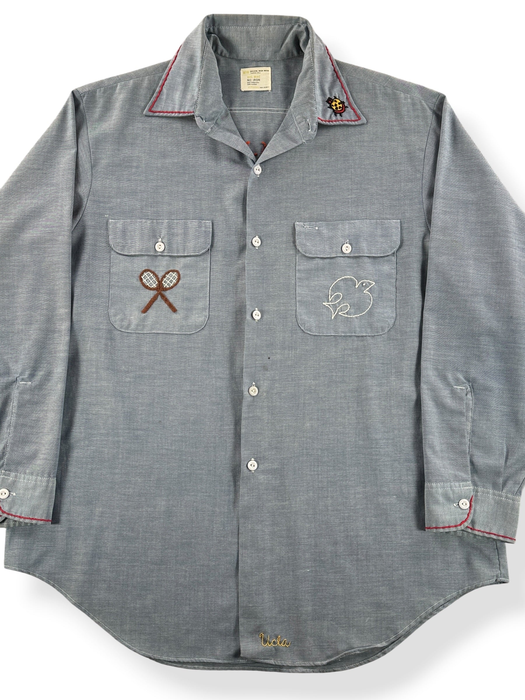 Front Close Up of Vintage Hippie Embroidered Big Mac 50/50 Chambray Shirt SZ XL