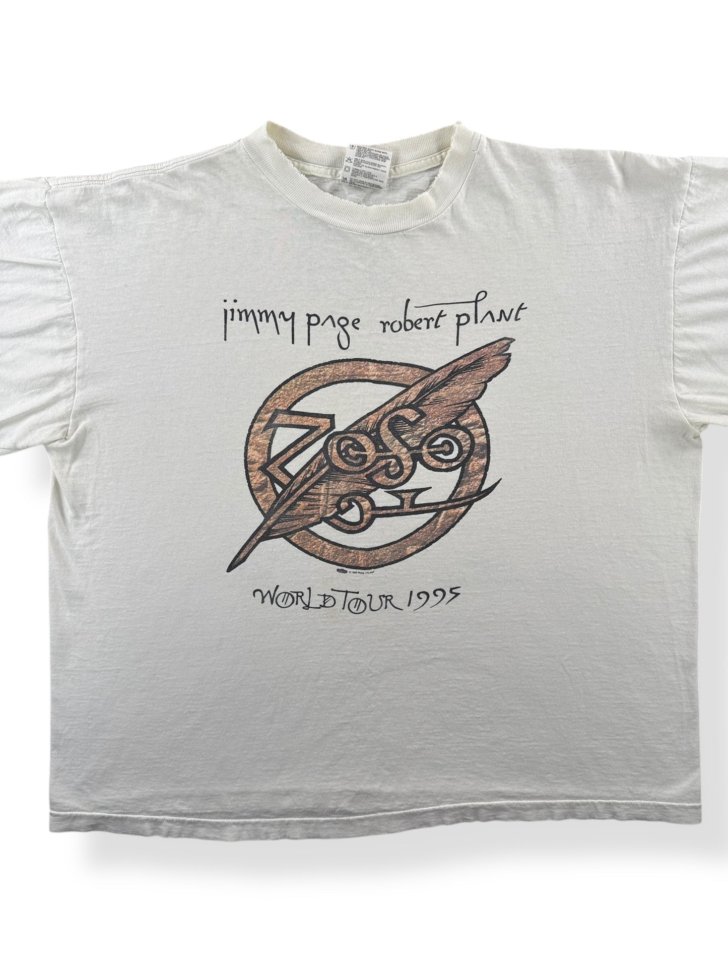 Front Close Up of Vintage 1995 Winterland Robert Plant Jimmy Page World Tour Tee SZ XL