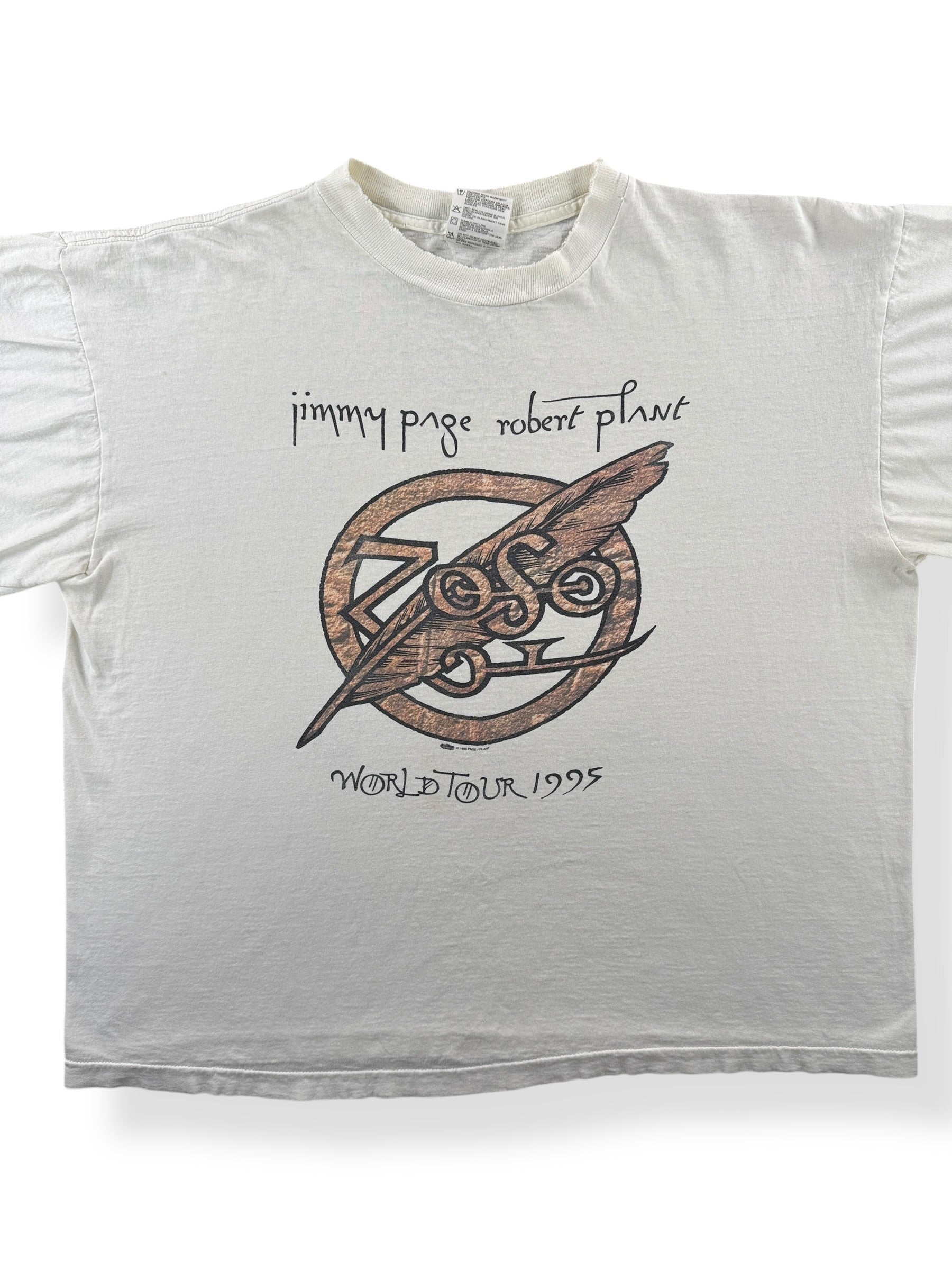 Front Close Up of Vintage 1995 Winterland Robert Plant Jimmy Page World Tour Tee SZ XL