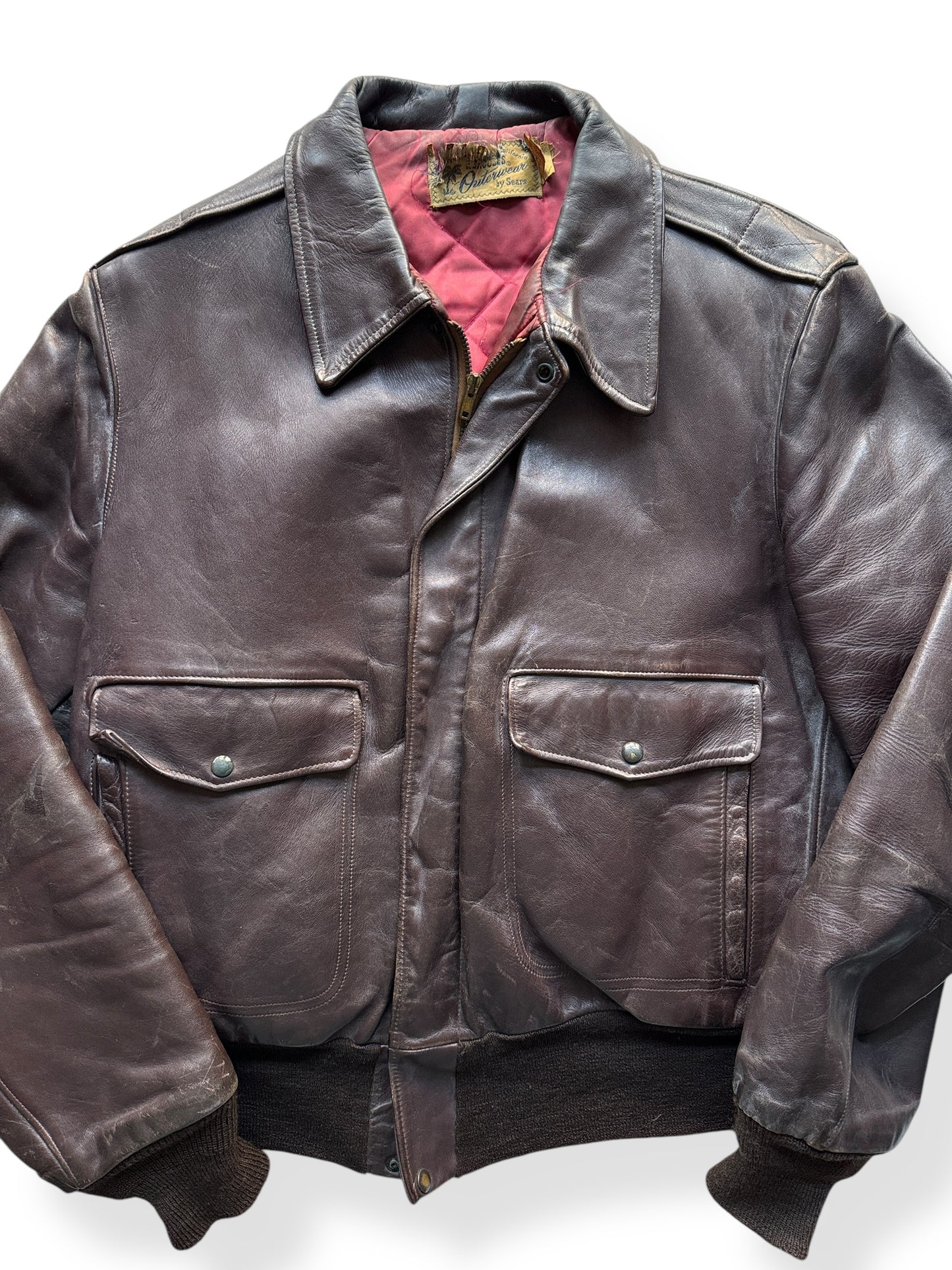 Front Close Up of Vintage Sears Hercules Horsehide A-1 Style Leather Jacket SZ M