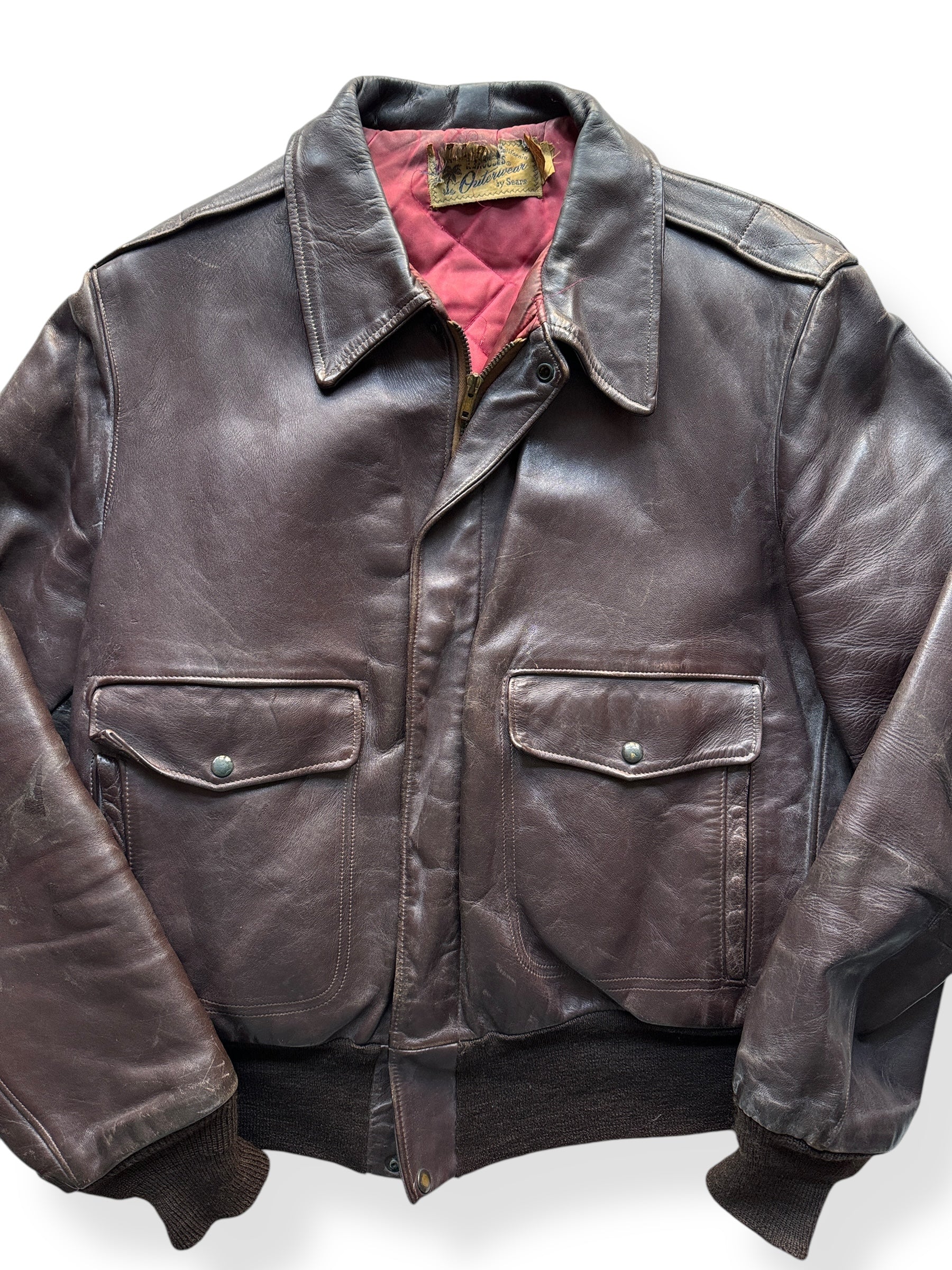 Front Close Up of Vintage Sears Hercules Horsehide A-1 Style Leather Jacket SZ M