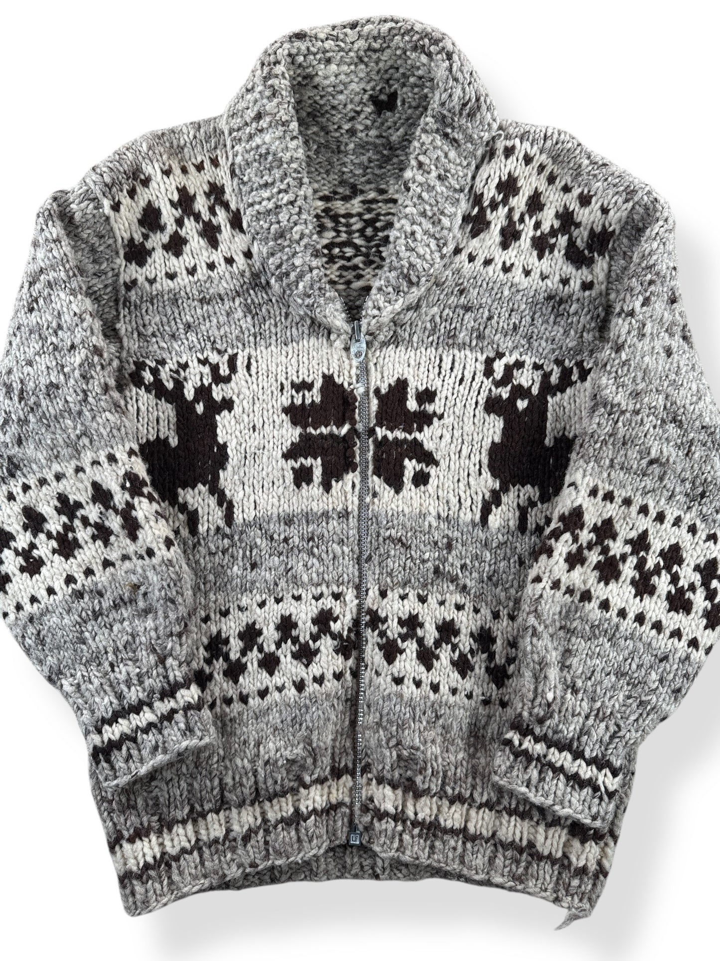Front Close Up of Vintage Handmade Cowichan Style Sweater SZ S