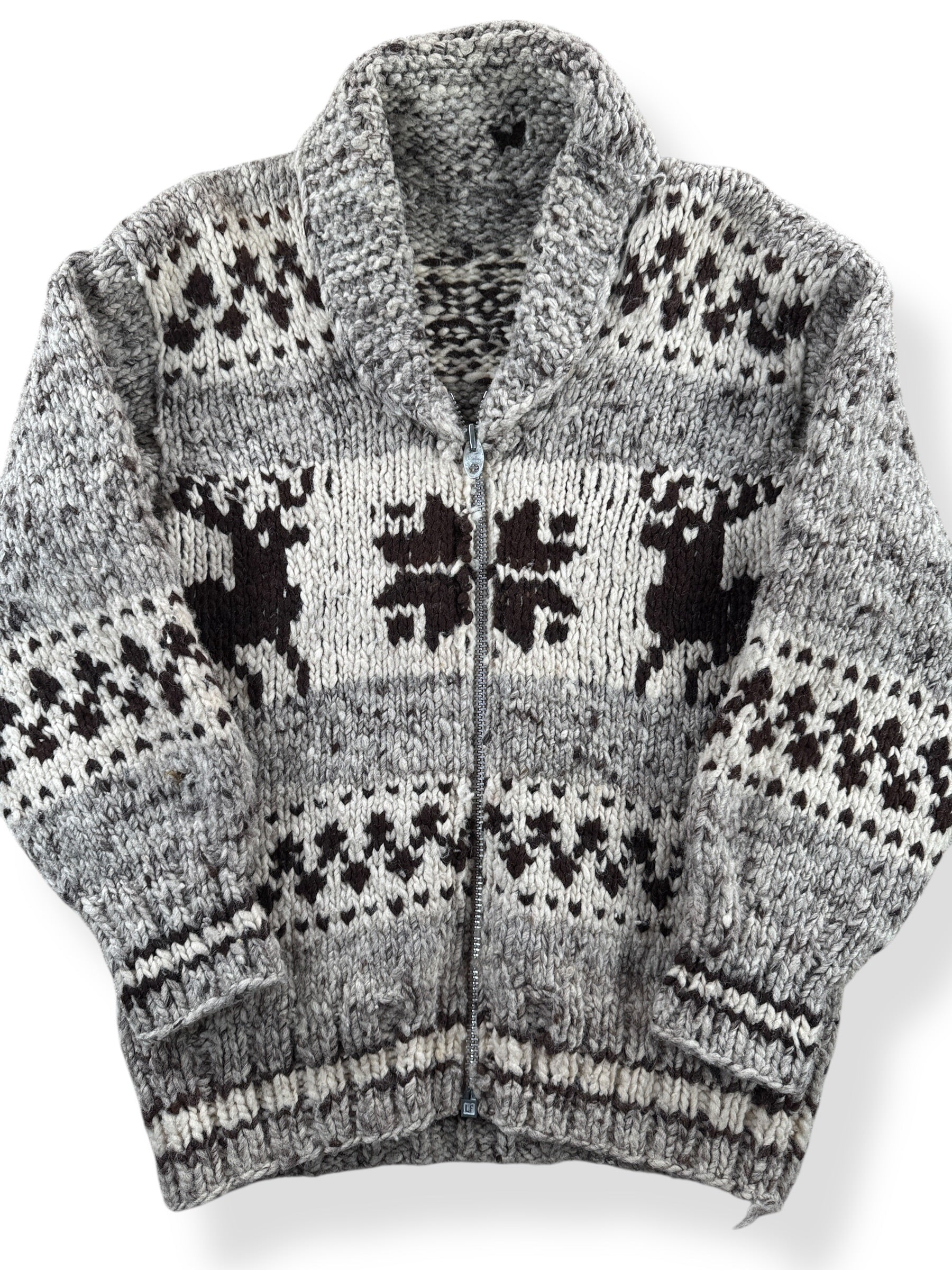 Front Close Up of Vintage Handmade Cowichan Style Sweater SZ S