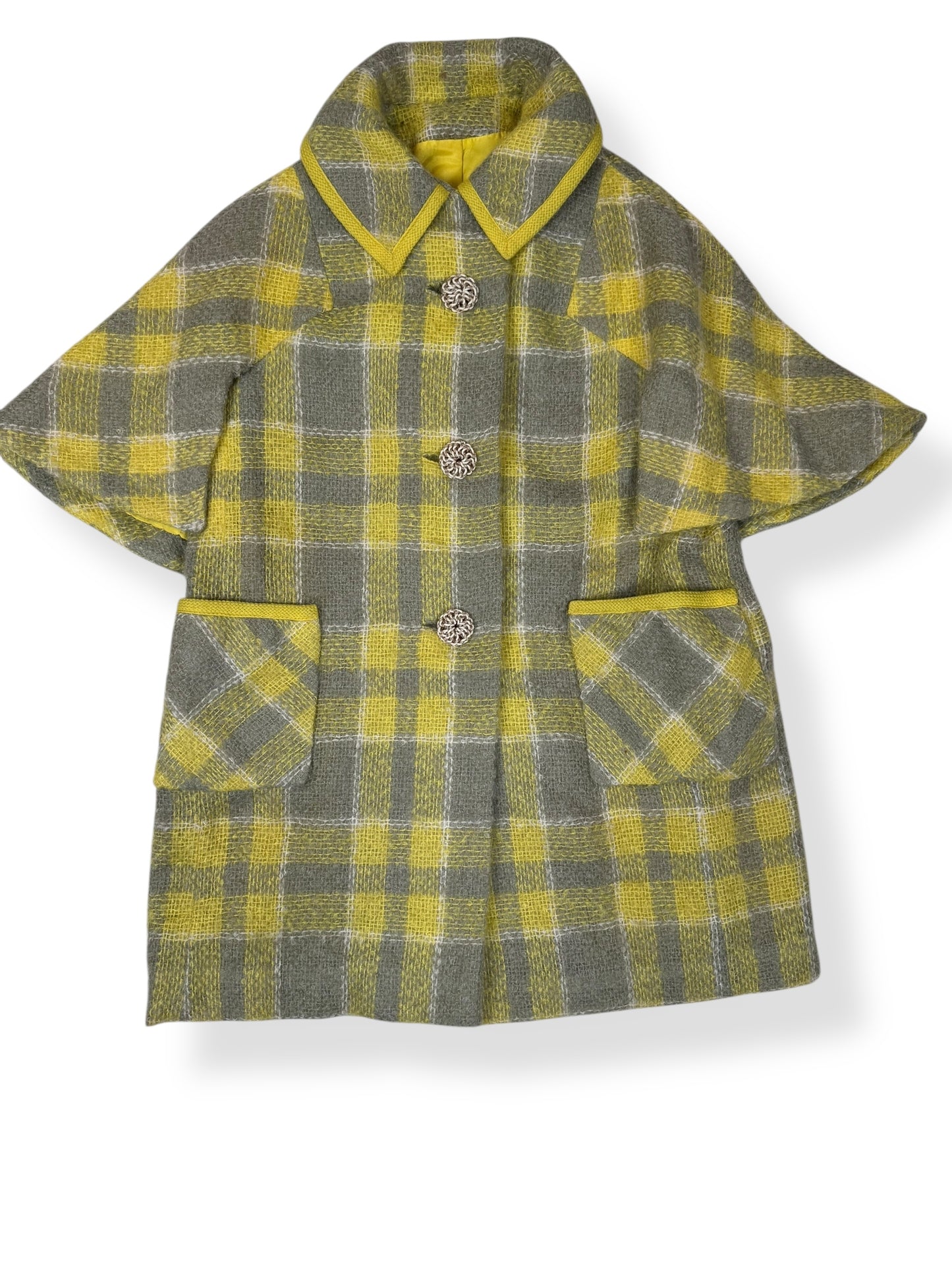 Front of 1960s Yellow/Gray Mohair Capelet Coat L