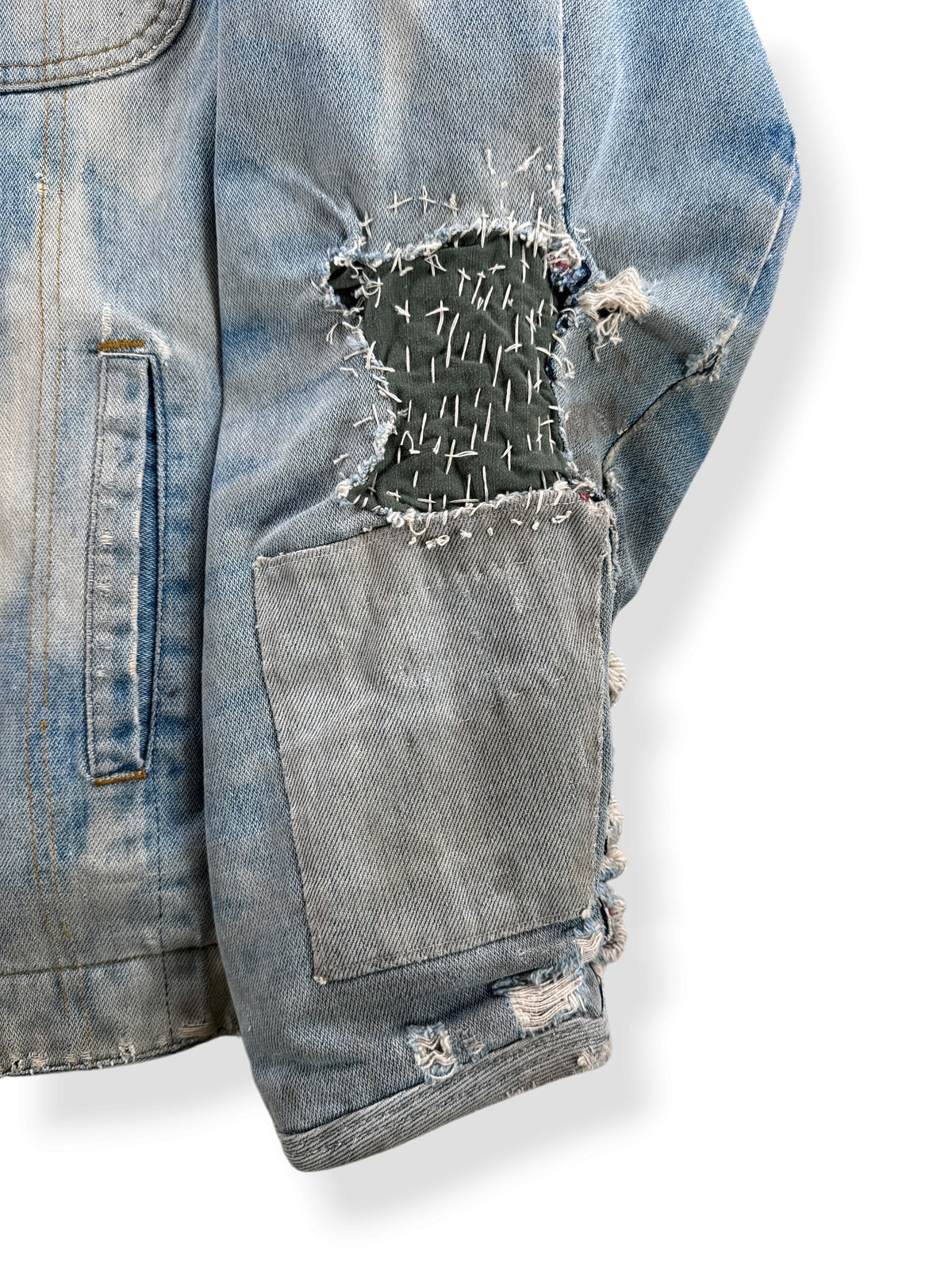 Repairs on sleeve of Vintage 70s Faded Key Denim Jacket SZ L