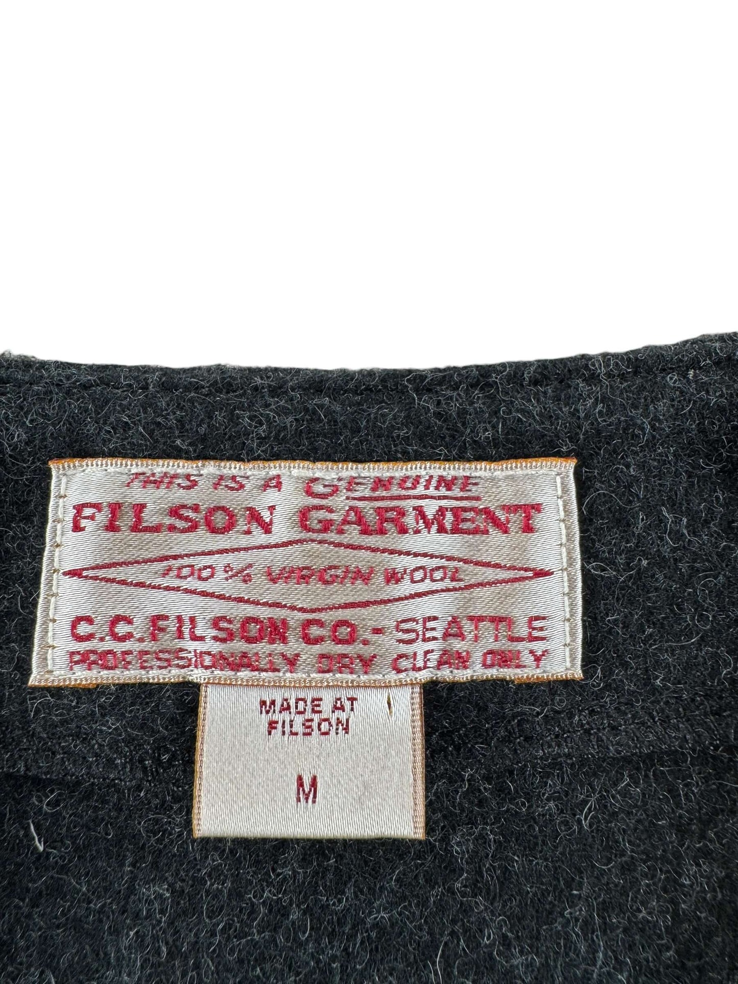 Label on Filson Mackinaw Wool Vest SZ M