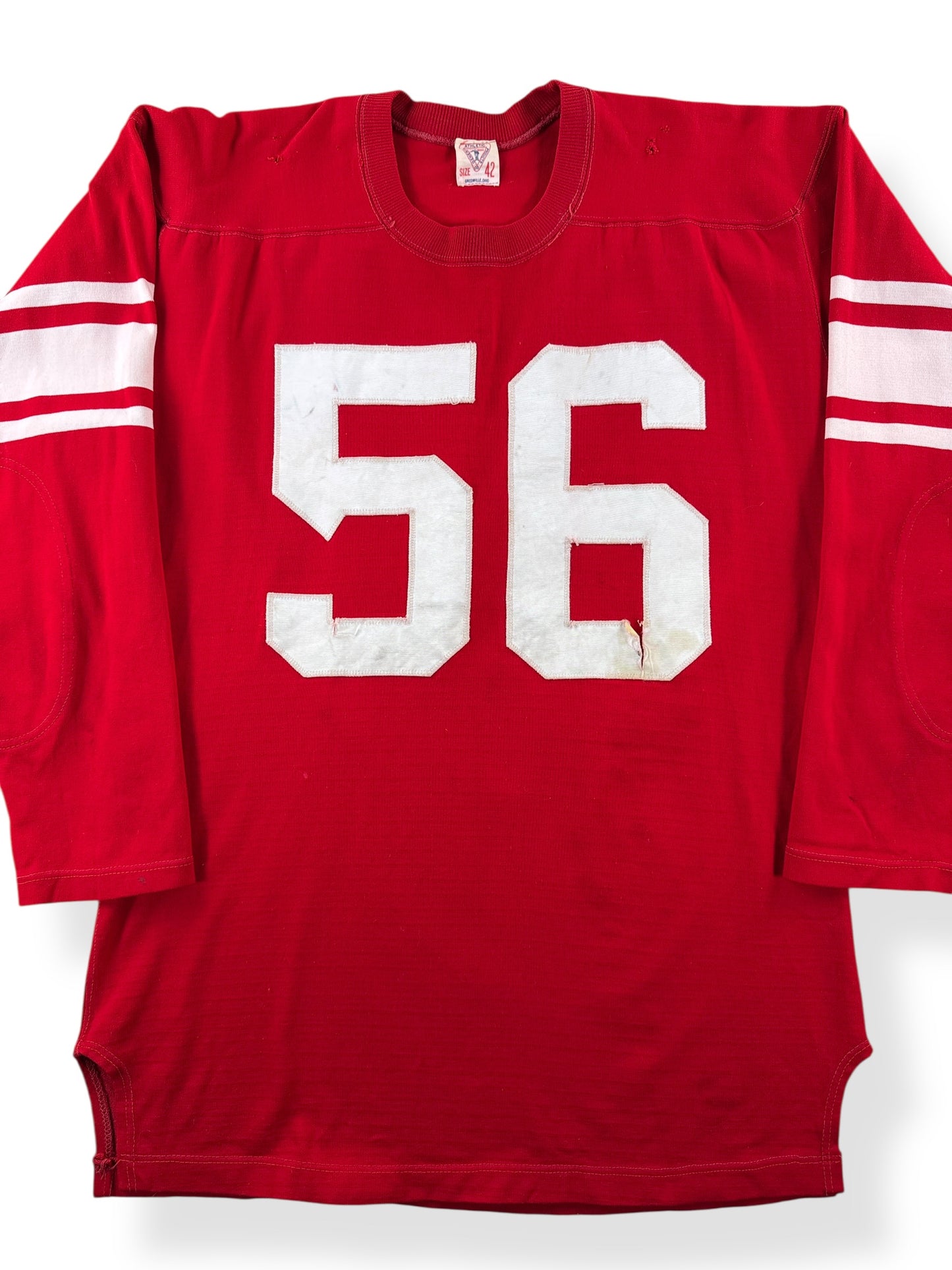 Front Close Up of Vintage General Athletic Products Red "56" Durene Jersey SZ 42 (Fits M)