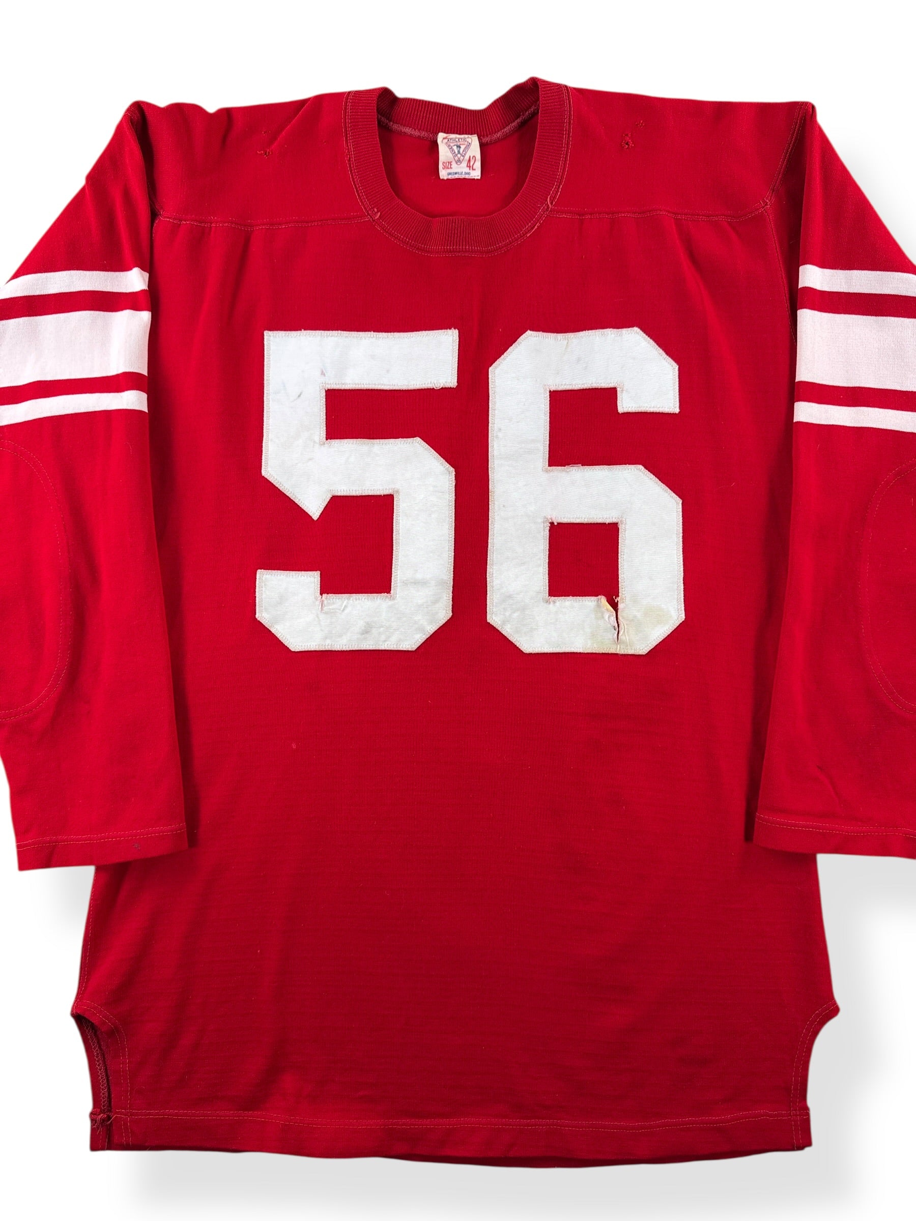 Front Close Up of Vintage General Athletic Products Red "56" Durene Jersey SZ 42 (Fits M)