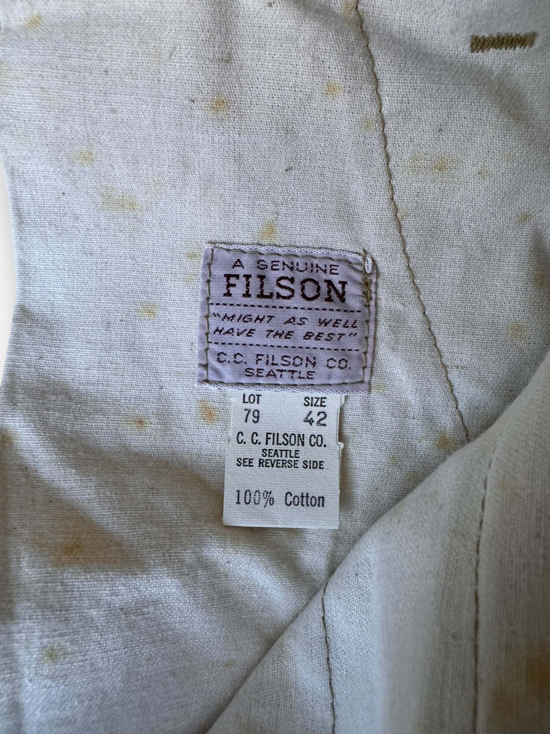 inside tag of Vintage NOS 80s Era Filson 10 oz Duck Chinos W42