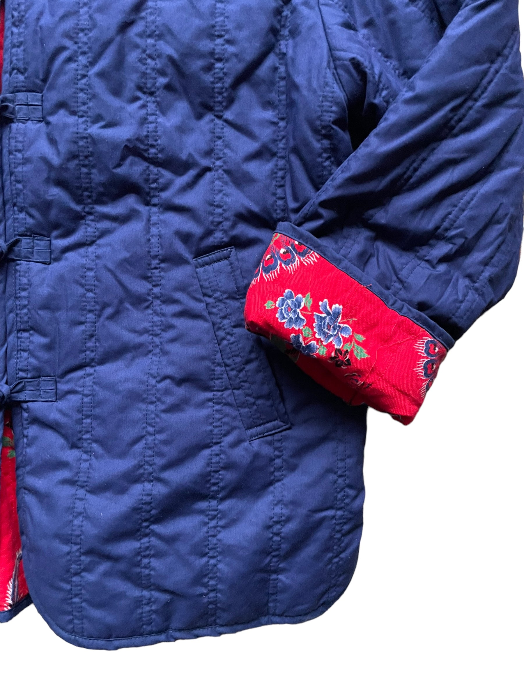 Blue side pocket view of Quilted Reversible Cheongsam Style Jacket SZ L-XL | Seattle Vintage Jackets | Barn Owl Vintage