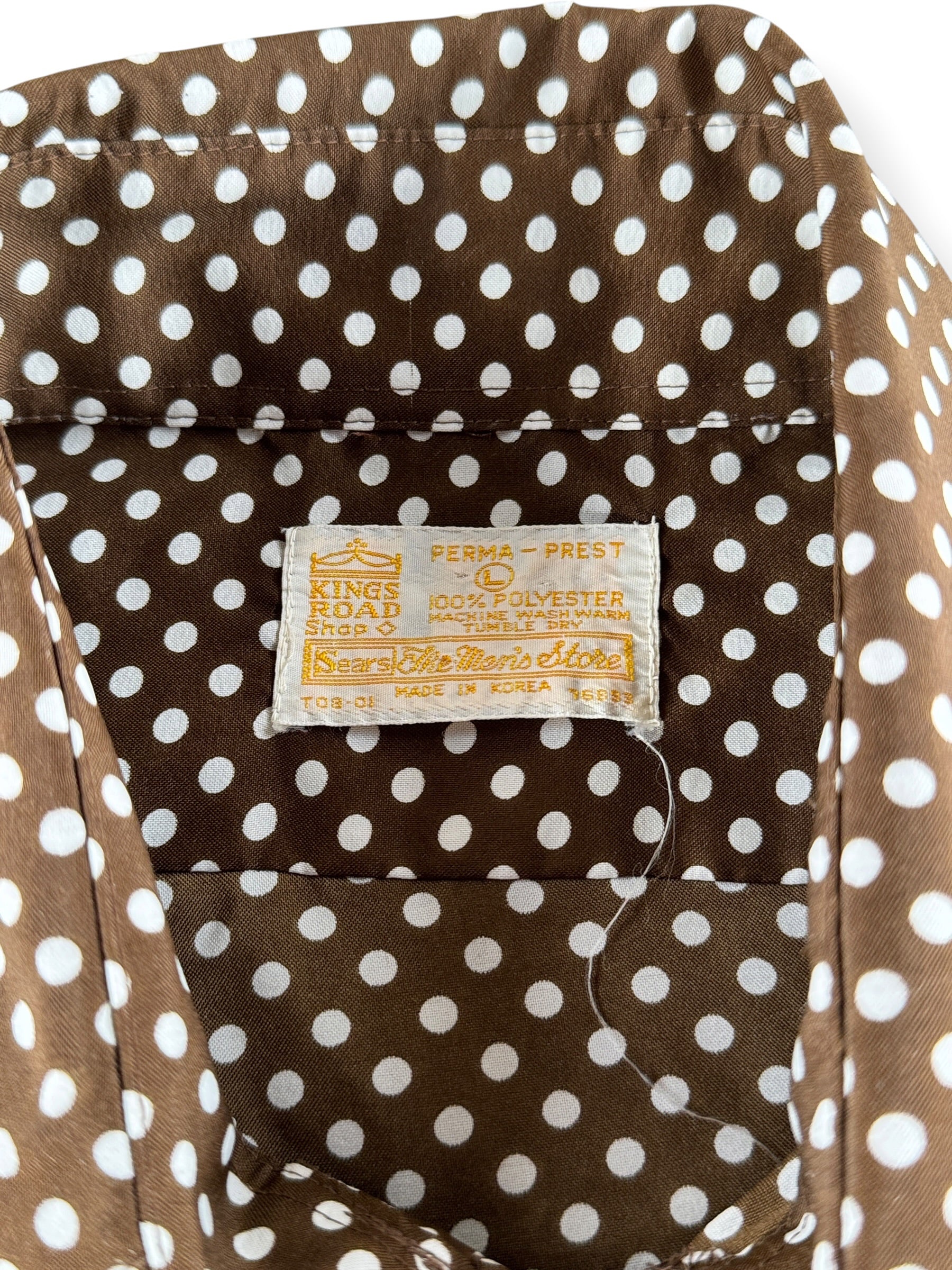 Tag on Vintage Kings Road Polka Dot Polyester Shirt SZ L