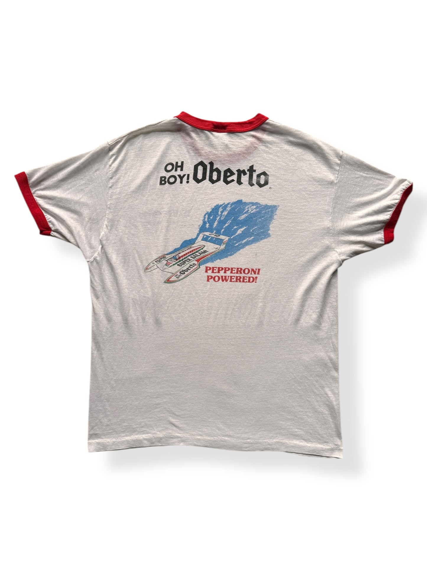 Back of Vintage Pepperoni Powered Oberto Ringer Tee