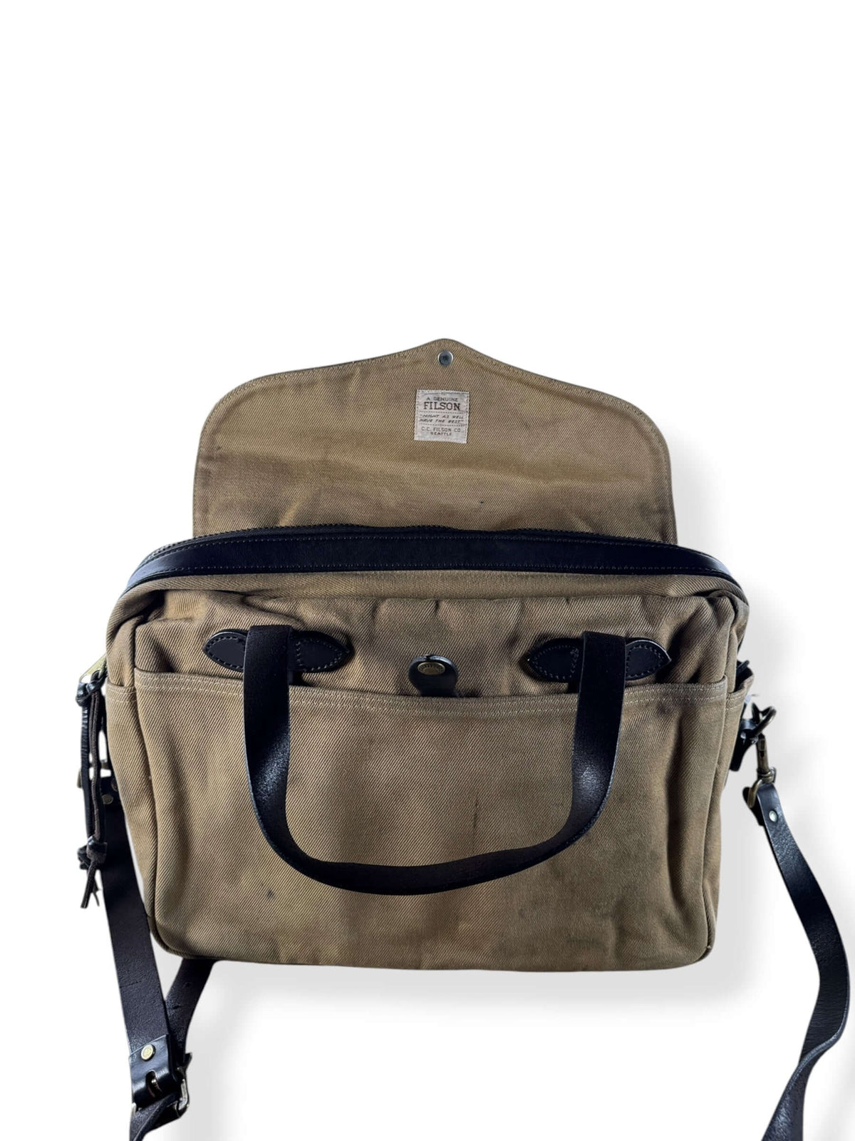 Top flap open on Filson Rugged Twill Briefcase Style 257