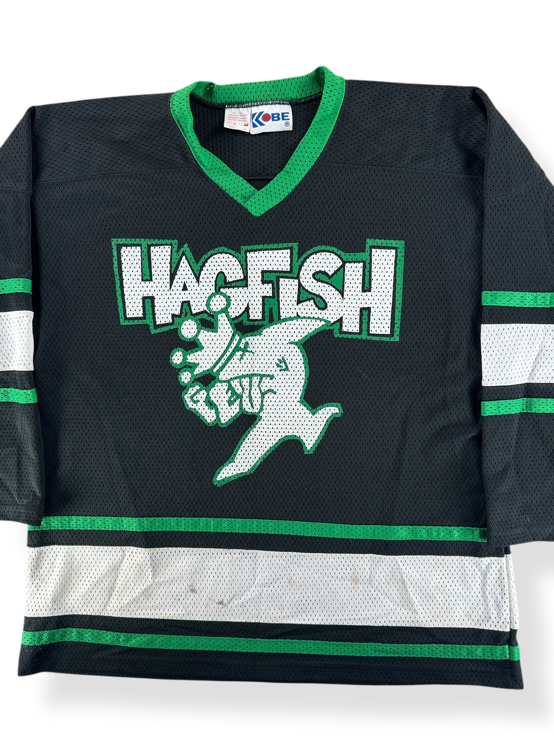 Front Close Up of Vintage 1990s Era Hagfish Band Hockey Jersey SZ L
