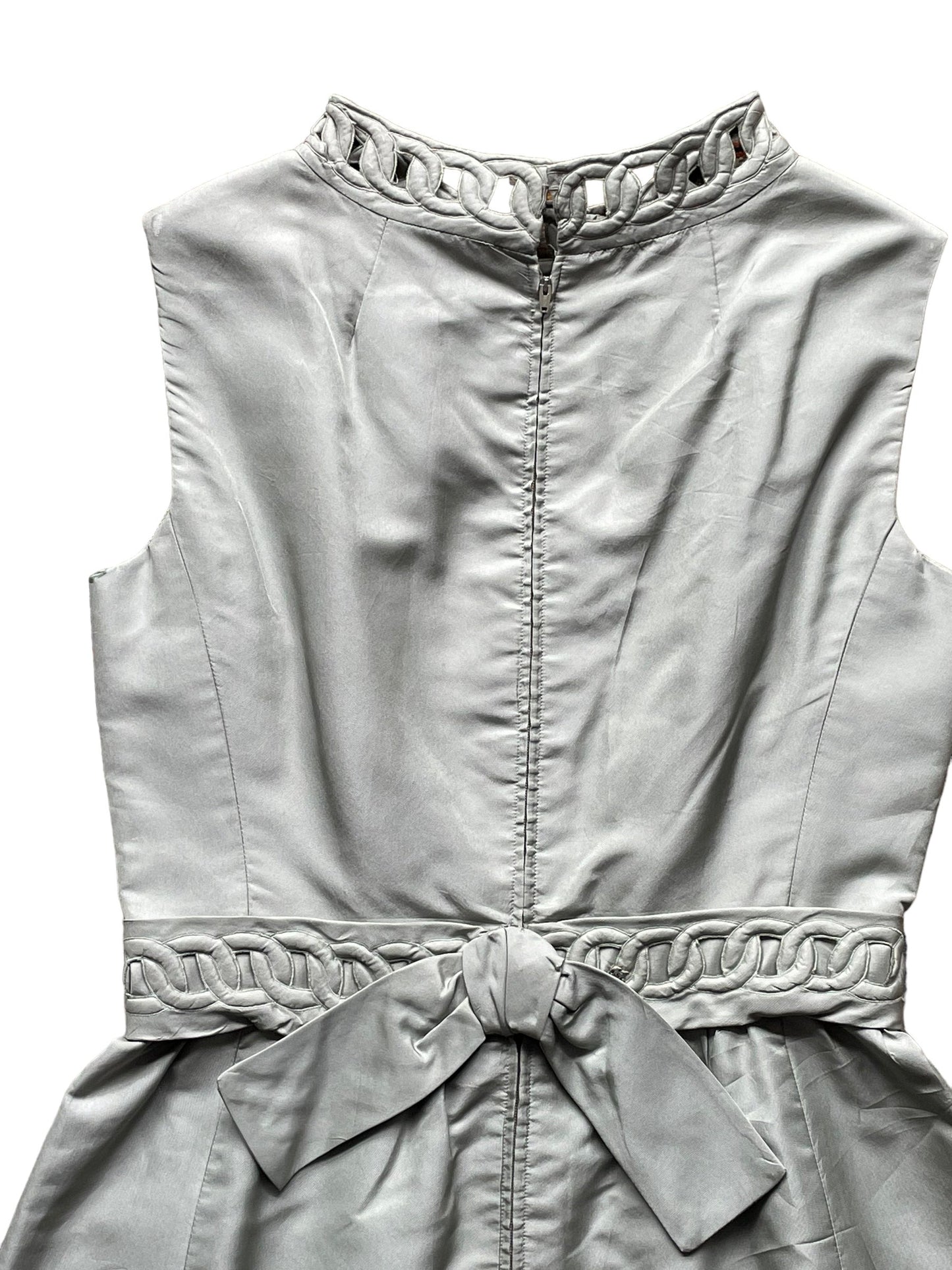 Back top view of Vintage 1950s Grey Satin Party Dress SZ M |  Barn Owl Vintage Dresses| Seattle Vintage Ladies Clothing
