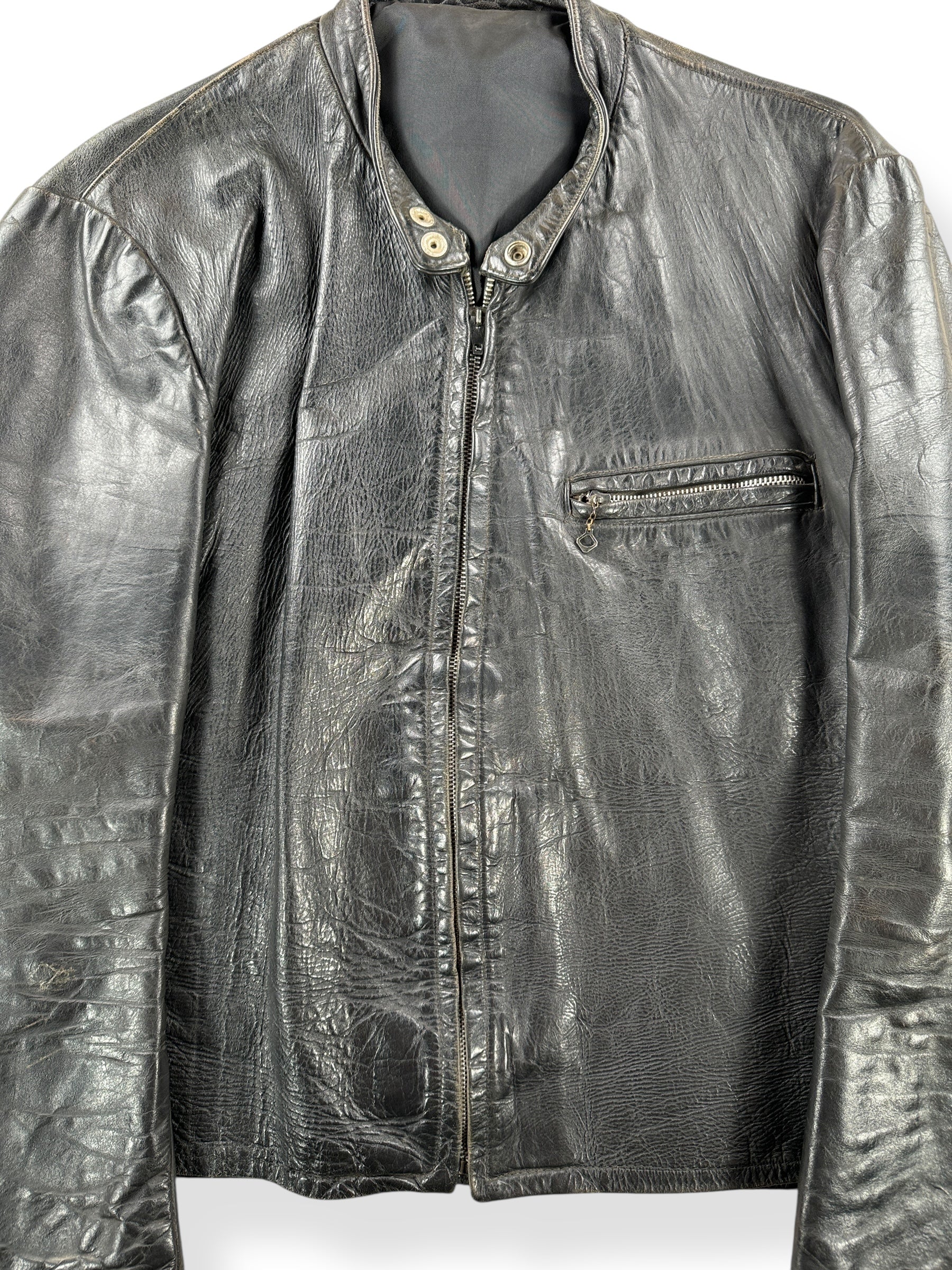 Front Close Up of Vintage Leather Moto Jacket SZ L AS IS