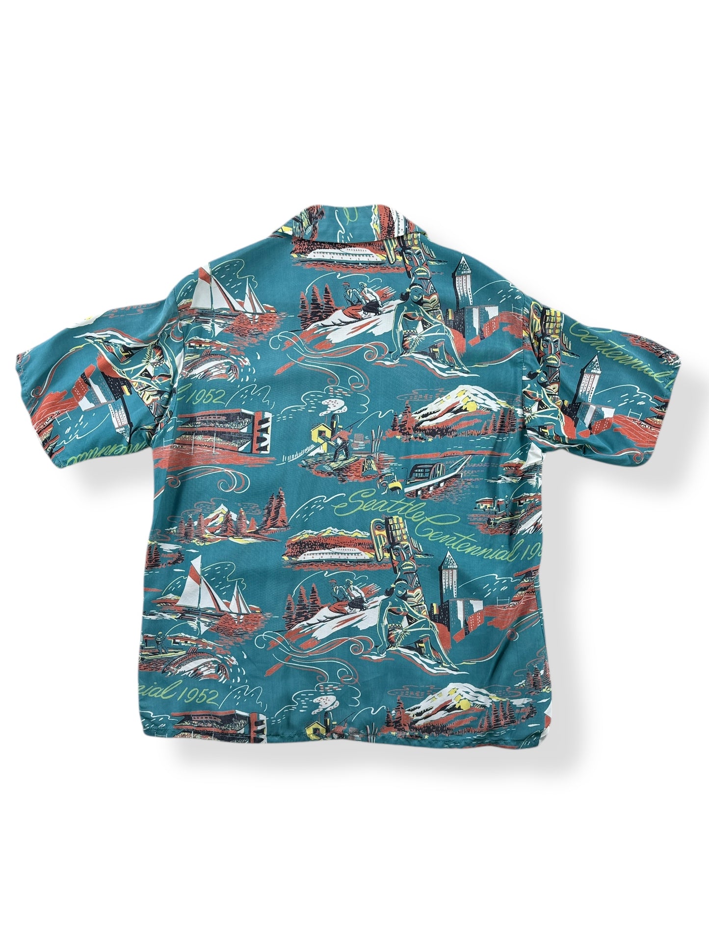 Back of Vintage Blue Driftwood Seattle Centennial Aloha Shirt SZ M
