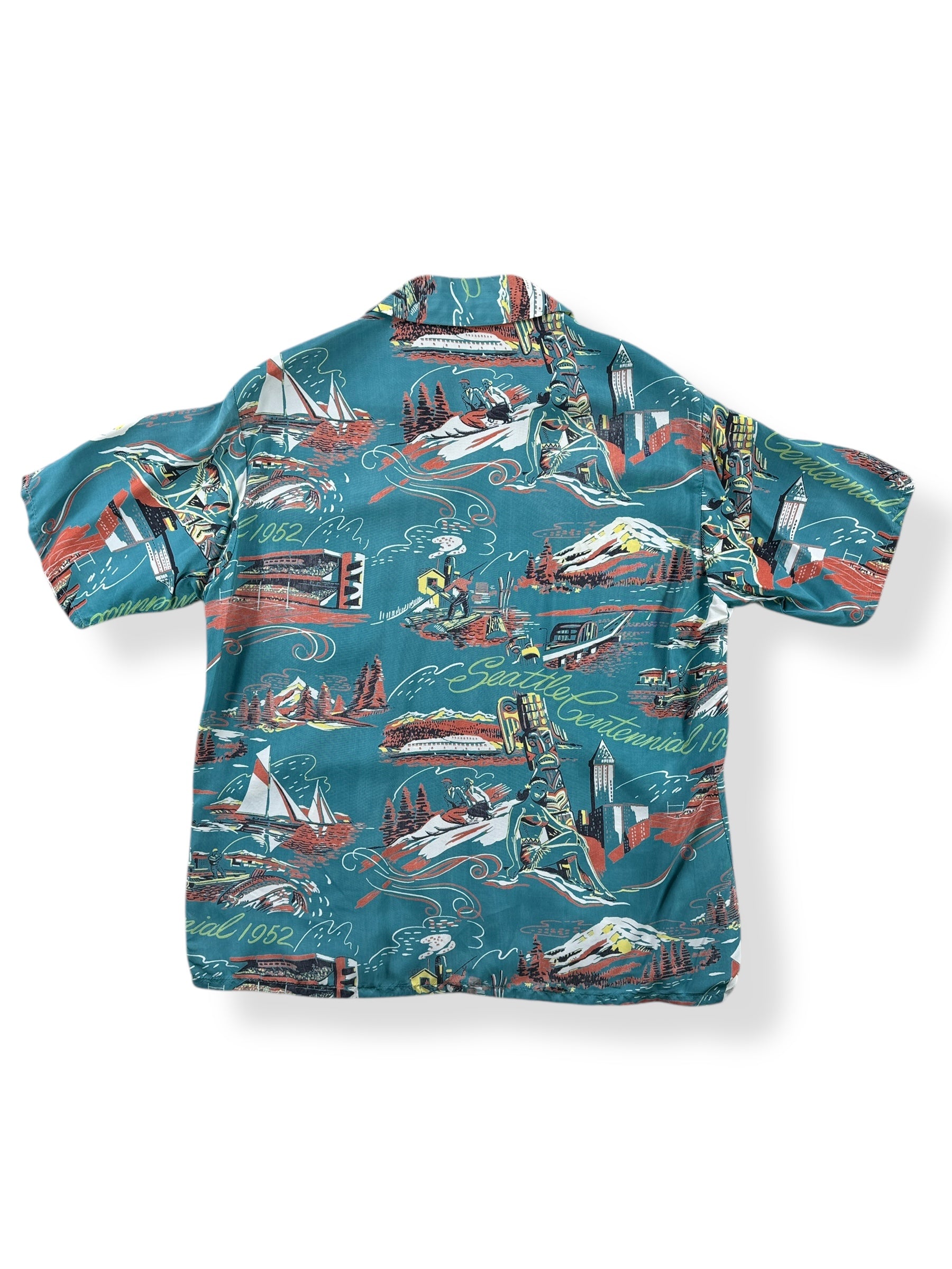 Back of Vintage Blue Driftwood Seattle Centennial Aloha Shirt SZ M