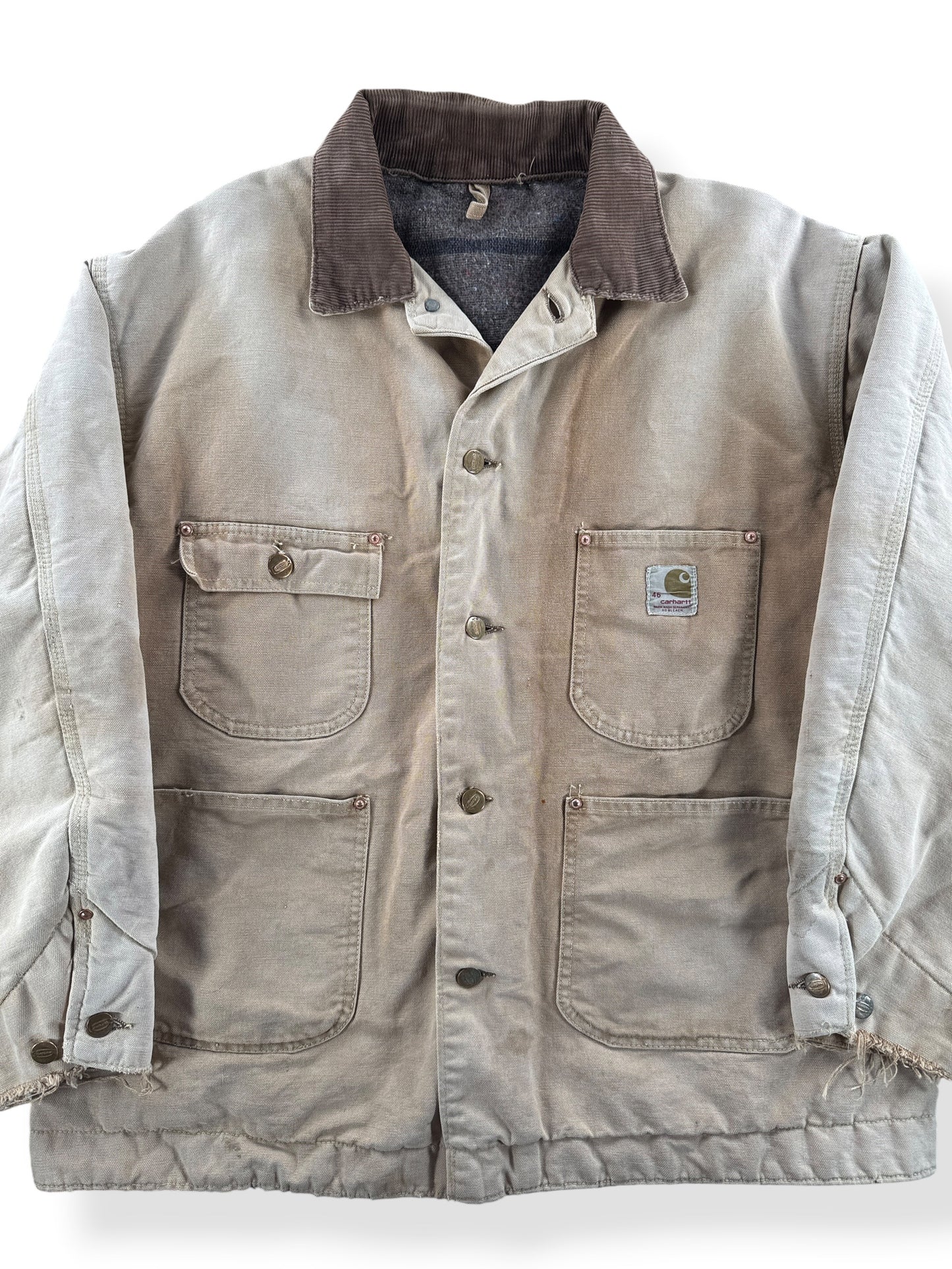 Front Close Up of Vintage 60s Blanket Lined Carhartt Chore Coat SZ 46