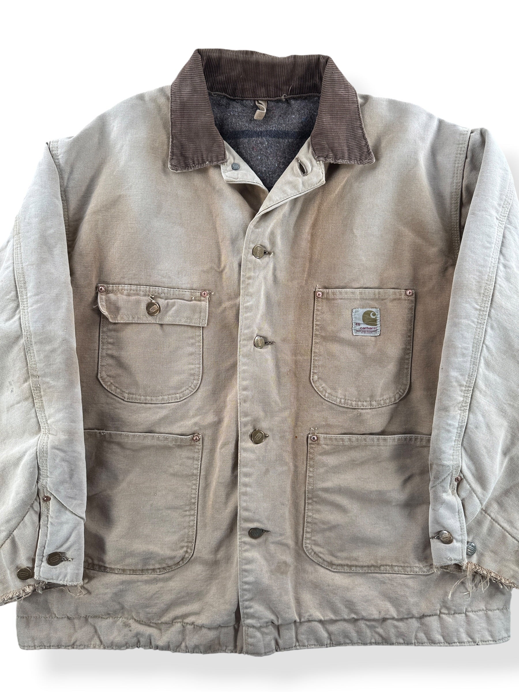 Front Close Up of Vintage 60s Blanket Lined Carhartt Chore Coat SZ 46