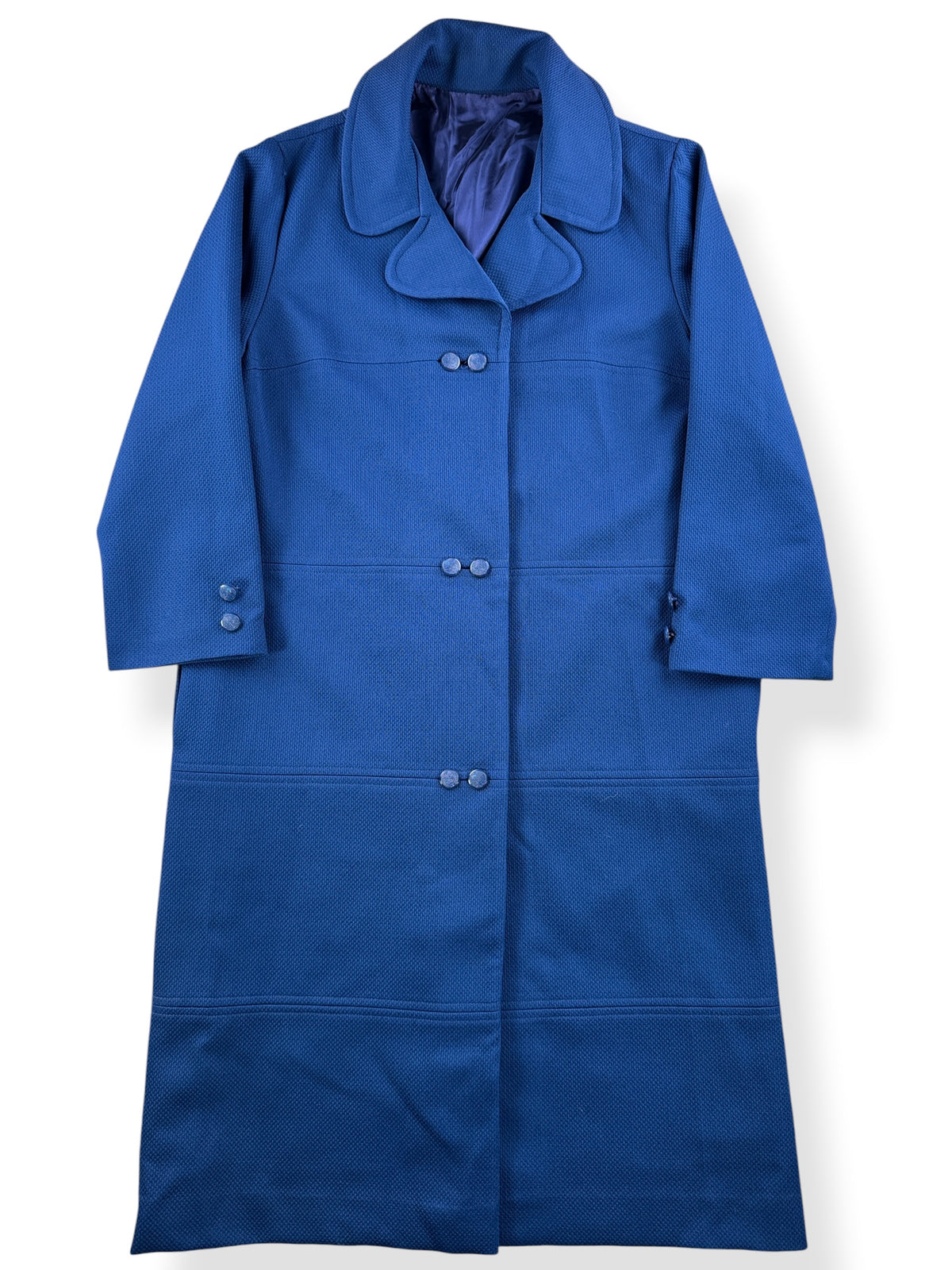 Close-up of Vintage Navy Blue Double Button Trench Coat SZ L