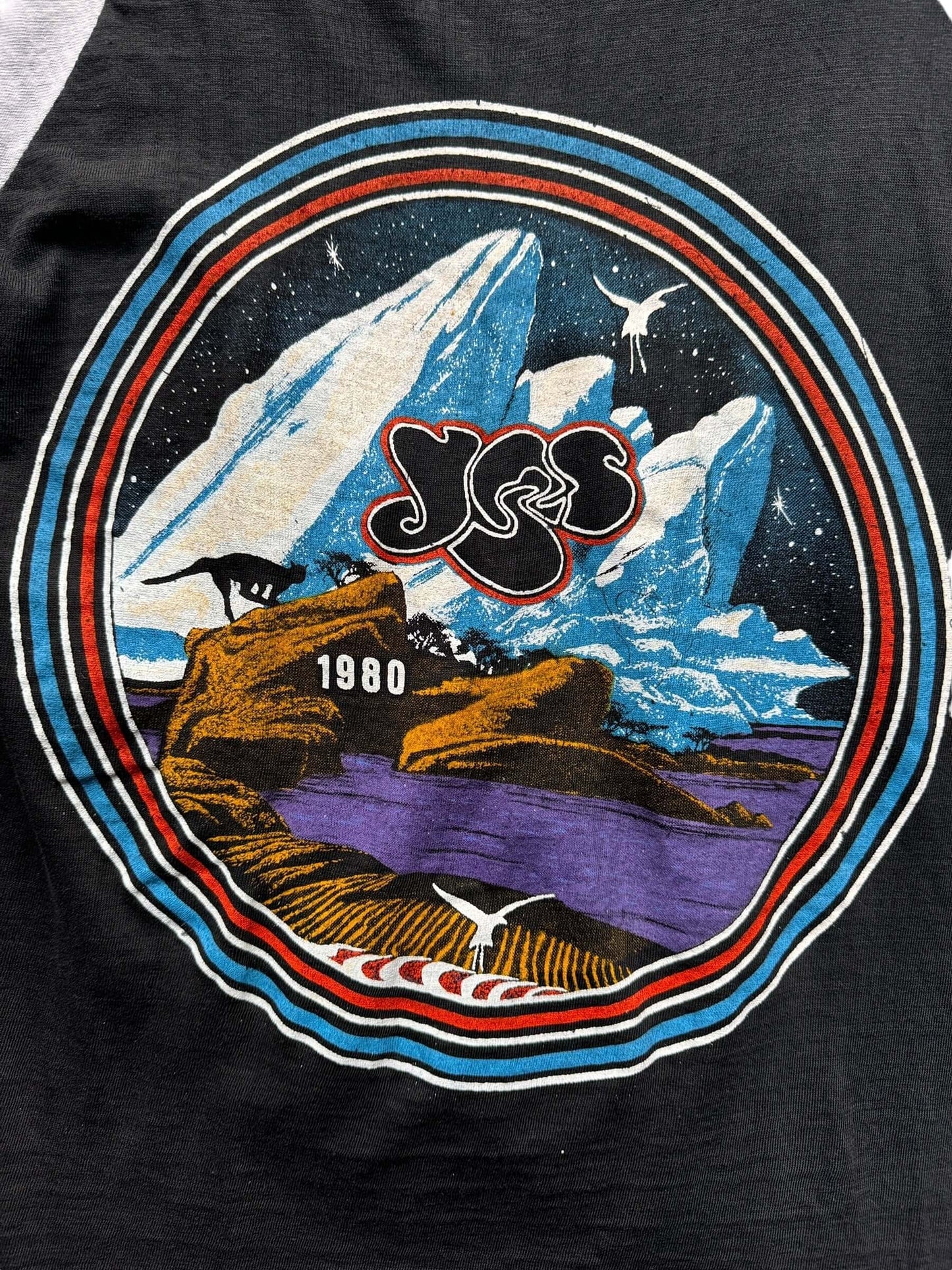 Front Graphic Close Up on Vintage 1980 Yes Tour Raglan Tee SZ M