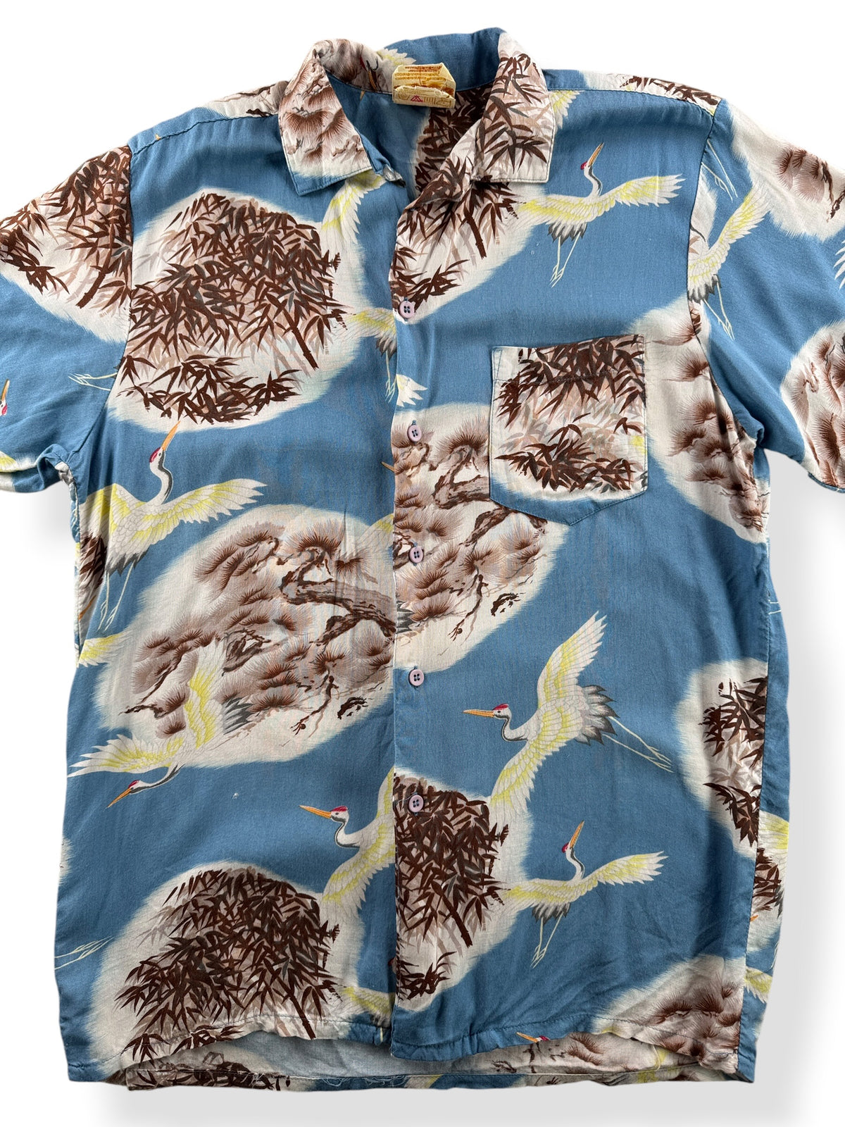 Close-up of Vintage 70s Rayon Crane Print Aloha Shirt SZ S