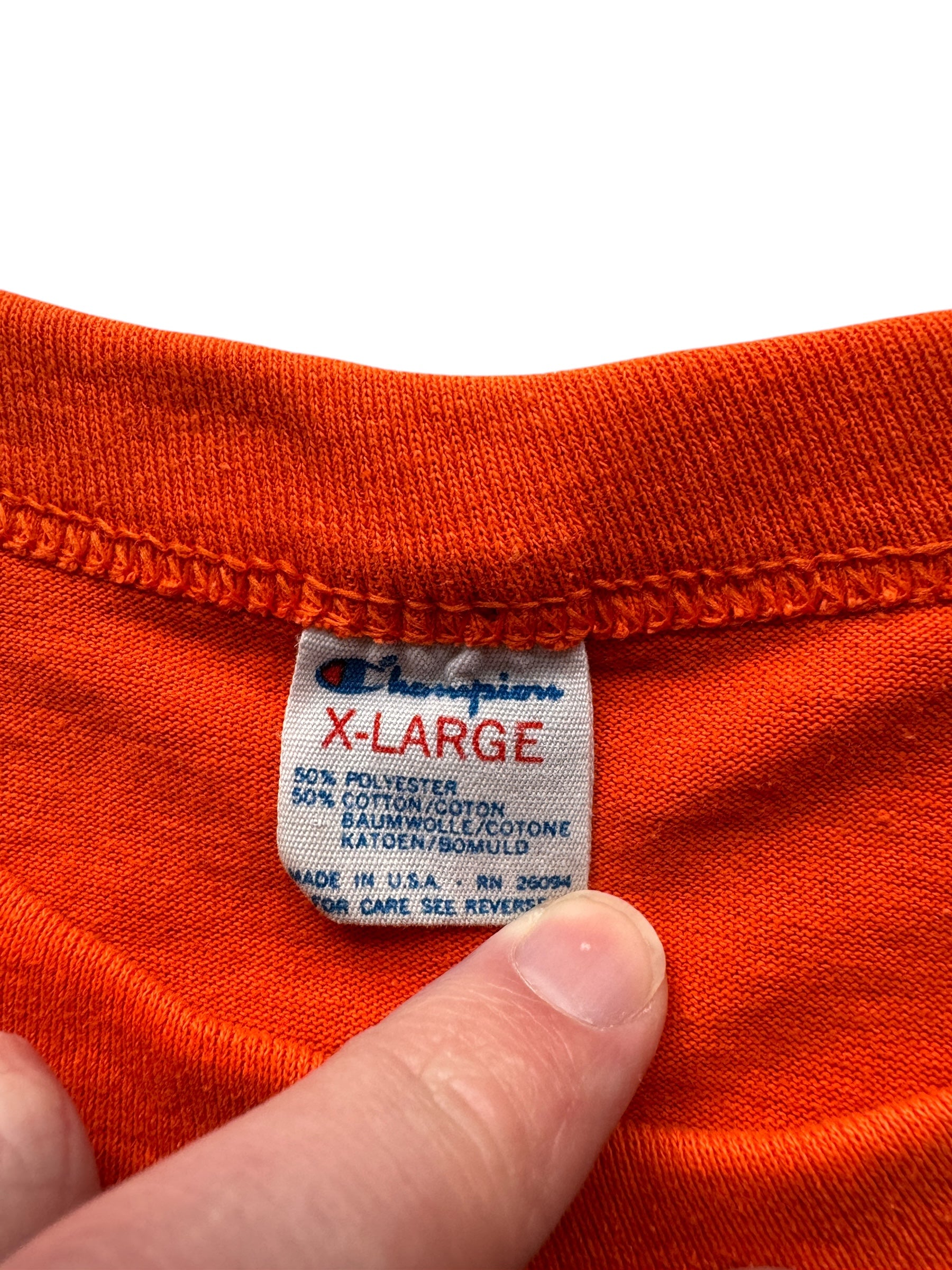 Tag on Vintage Champion Blue Bar Orange Blank Tee SZ XL