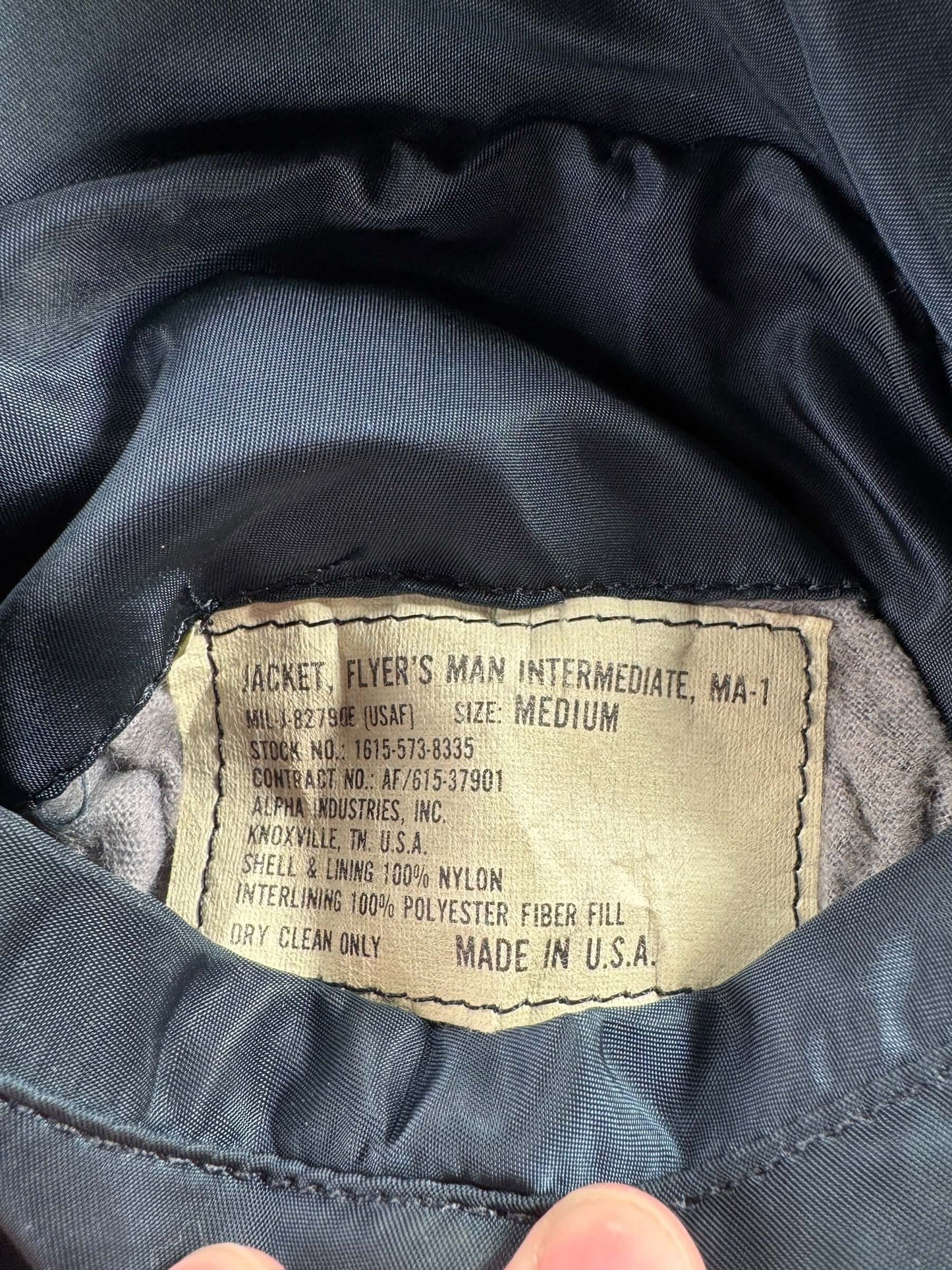 Label on Vintage Military MA-1 Bomber Jacket SZ M - AS IS