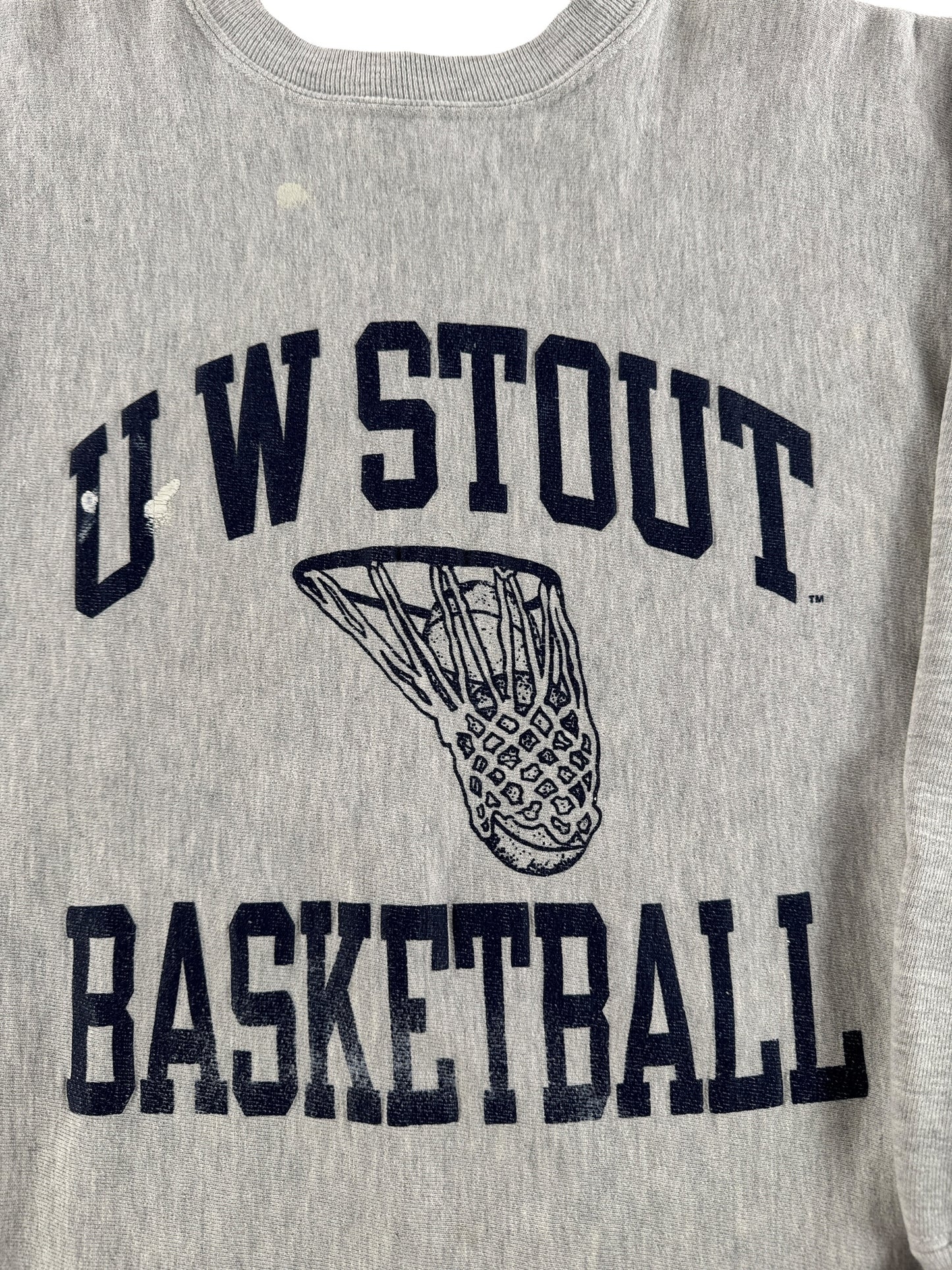 Graphic of Vintage Champion University of Wisconsin Stout Basketball Reverse Weave Crewneck SZ XL (Fits M)